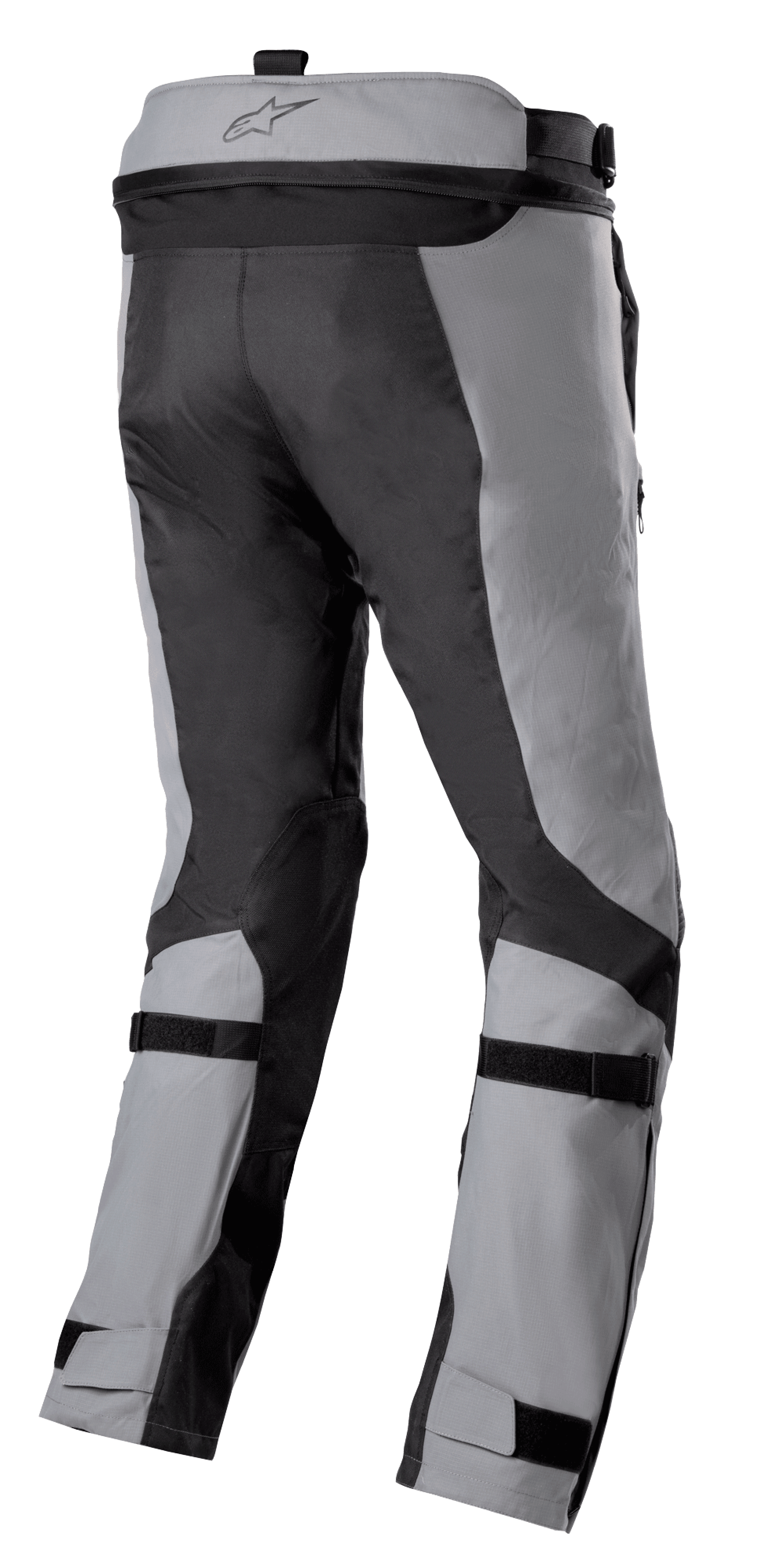 Pantalones Alpinestars Bogotá Pro Drystar® 3 Seasons, pantalones de motociclismo para adventure touring, gris oscuro y gris claro, vista posterior con correas ajustables en pantorrillas y tobillos, cremallera de conexión en la cintura y paneles textiles ripstop duraderos.