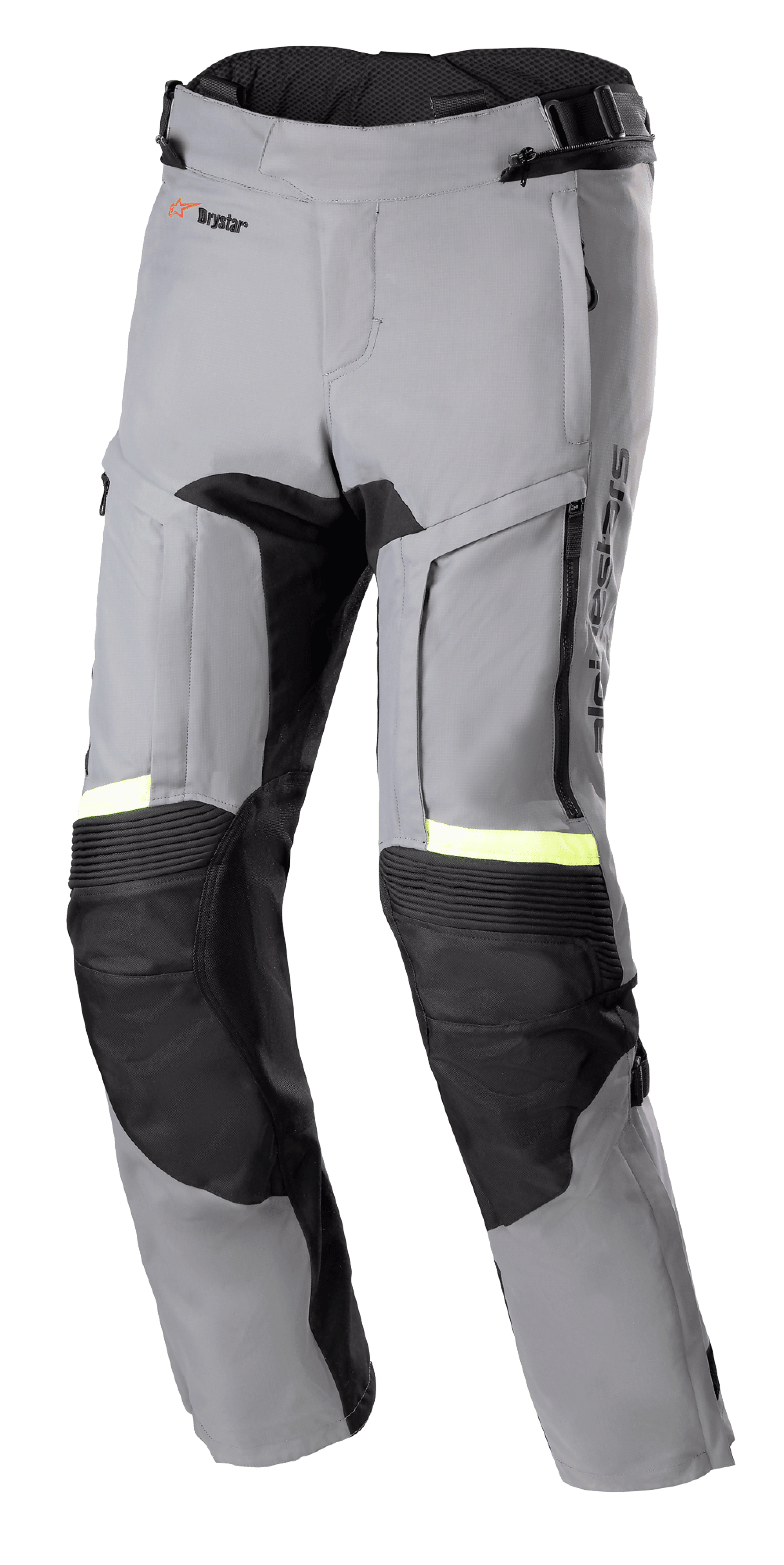 Alpinestars Bogota Pro Drystar 3 Seasons, pantalones de moto para adventure touring en gris oscuro y negro, con detalles reflectantes amarillo neón, paneles de ventilación con cremallera en los muslos, rodillas elásticas tipo acordeón y paneles de protección reforzados