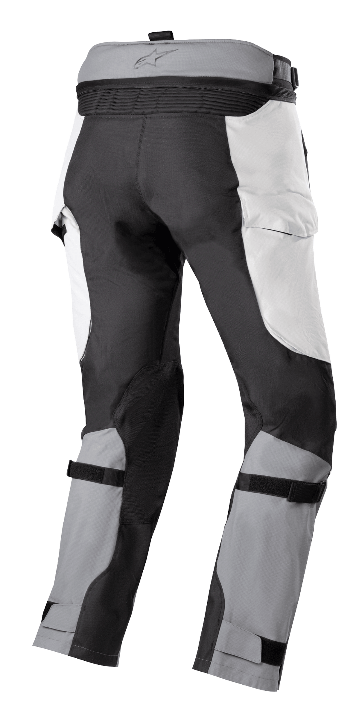 Pantalones Alpinestars Bogotá Pro Drystar® 4 Seasons, pantalones de moto Adventure Touring, gris hielo y gris oscuro, vista trasera con cremallera de conexión en la cintura, paneles de estilo cargo y correas ajustables en las pantorrillas para un ajuste seguro