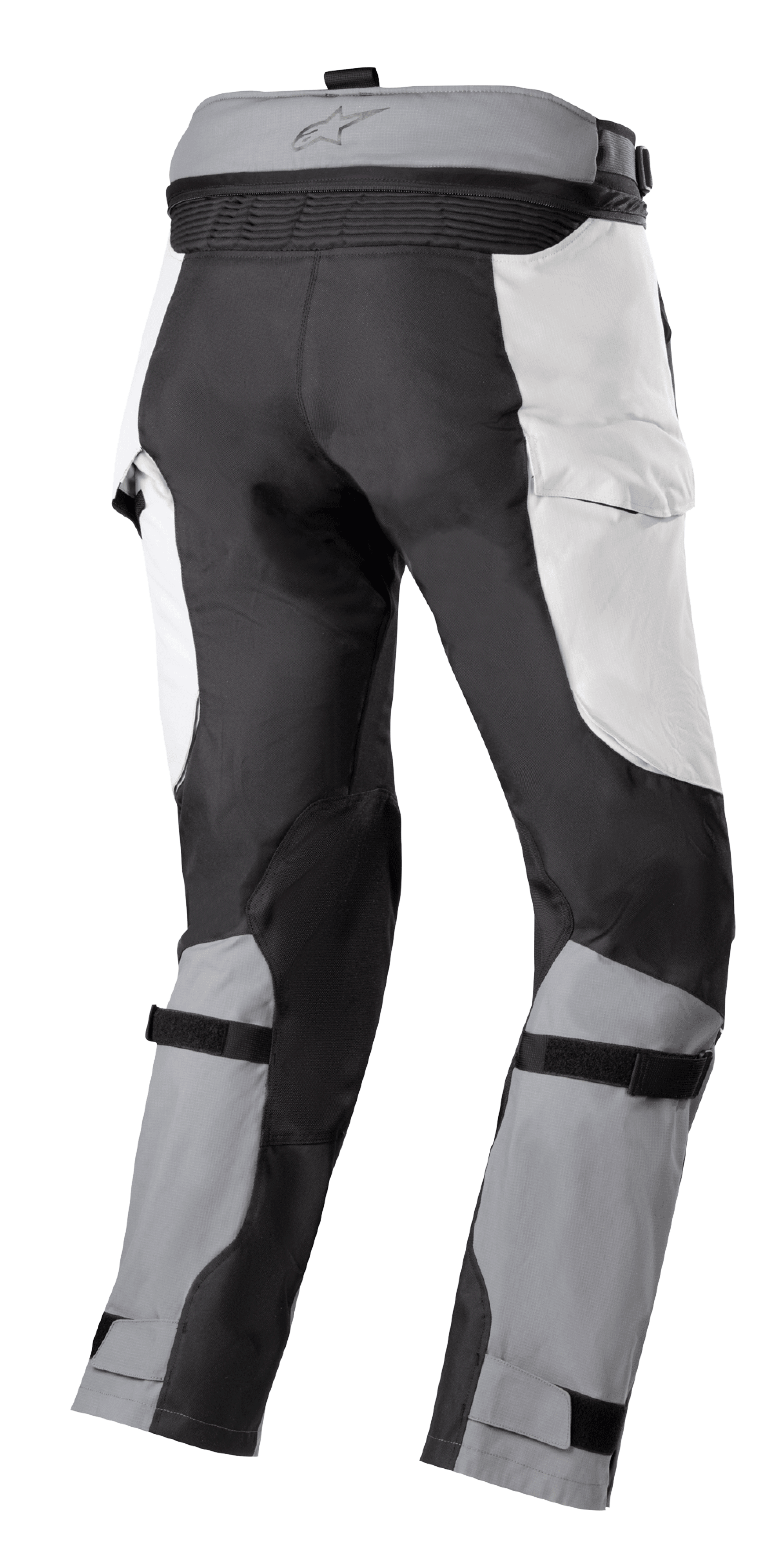 Alpinestars Bogota' Pro Drystar® 4 Seasons Pants, Adventure Touring Pants, Ice Gray and Dark Gray, rear view featuring waist connection zipper, cargo-style panels, and adjustable calf straps for a secure fit