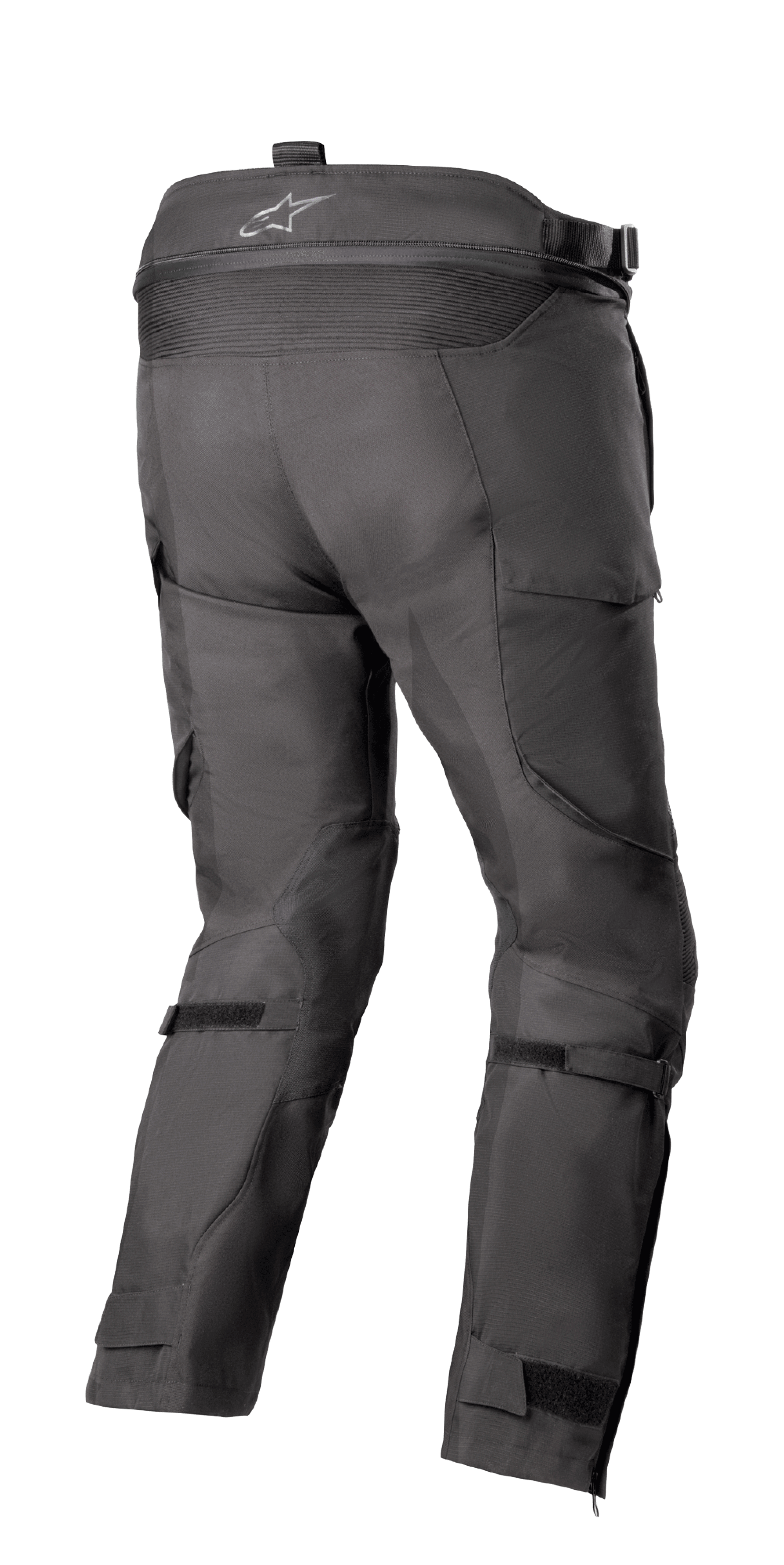 Alpinestars Bogotá Pro Drystar® 4 Seasons Pants - Short, pantalones de motociclismo adventure touring, negros, vista trasera que muestra cintura alta con logotipo, panel de acordeón elástico, correas ajustables en las pantorrillas y construcción de tejido técnico.