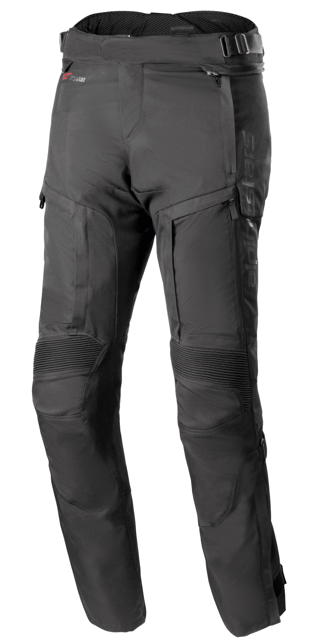 Alpinestars Bogota Pro Drystar 4 Seasons Pants - Long, pantalones negros de moto de aventura y touring, con paneles elásticos acanalados en las rodillas y paneles de ventilación con cremallera en los muslos, correas de ajuste en la cintura con hebillas y construcción de tejido técnico duradero para protección en todo tipo de clima.