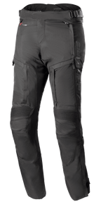Alpinestars Bogota Pro Drystar 4 Seasons Pants - Long, pantalones negros de moto de aventura y touring, con paneles elásticos acanalados en las rodillas y paneles de ventilación con cremallera en los muslos, correas de ajuste en la cintura con hebillas y construcción de tejido técnico duradero para protección en todo tipo de clima.