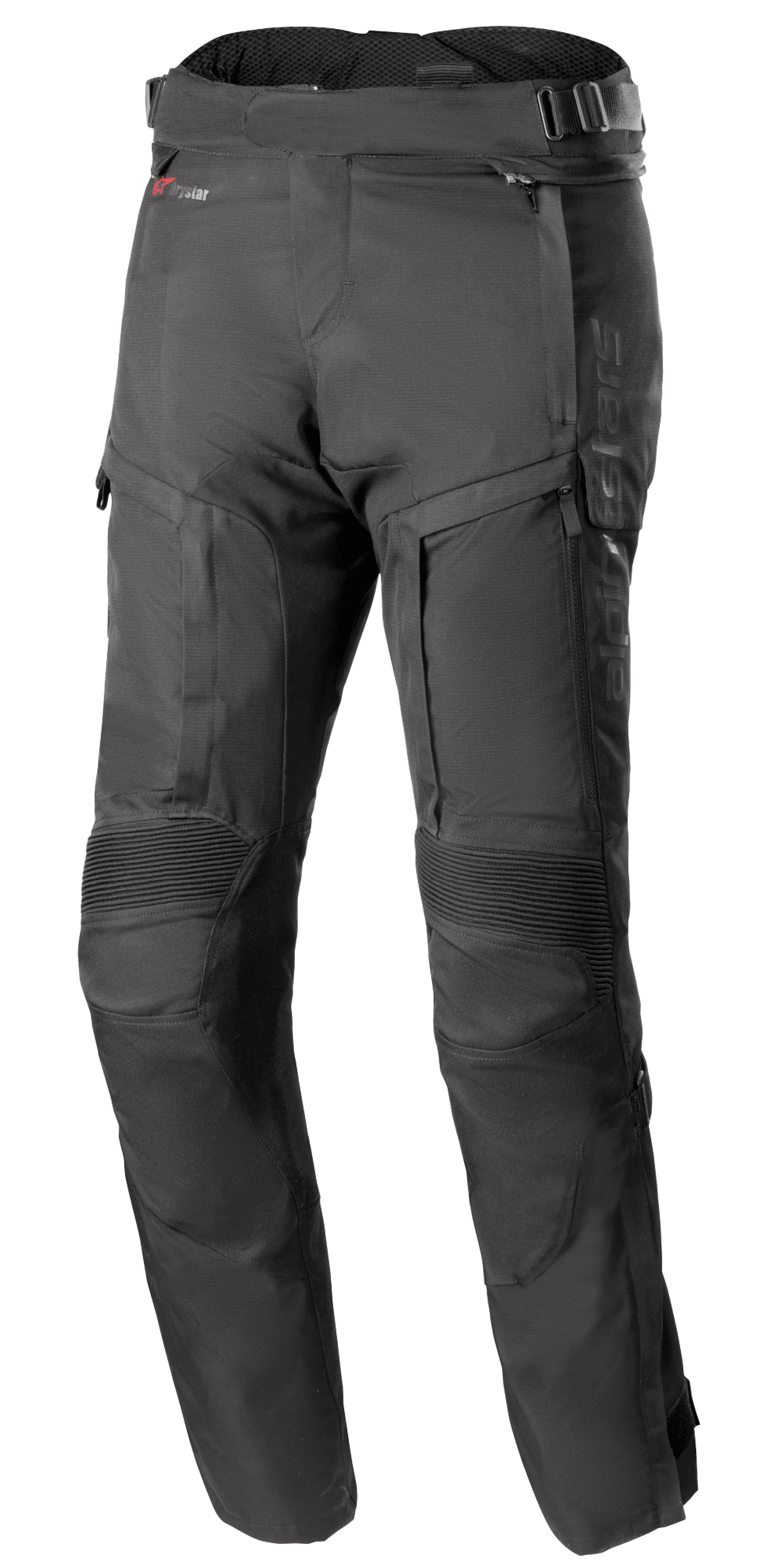 Alpinestars Bogota Pro Drystar 4 Seasons Pants - Long, pantalones negros de moto de aventura y touring, con paneles elásticos acanalados en las rodillas y paneles de ventilación con cremallera en los muslos, correas de ajuste en la cintura con hebillas y construcción de tejido técnico duradero para protección en todo tipo de clima.
