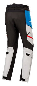 Alpinestars Honda Andes V3 Drystar® Pants, Textile Motorcycle Pants, Ice Gray with Blue and Bright Red accents, rear view showing black reinforced panels, adjustable calf straps, and waist connection zipper.