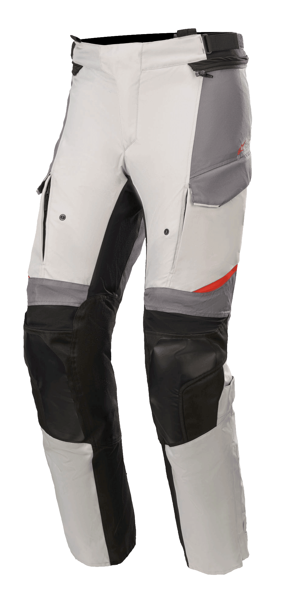 Alpinestars Andes V3 Drystar® Pants, pantalones de moto para turismo de aventura, gris hielo y gris oscuro con detalles en negro, paneles de rodilla reforzados, bolsillos estilo cargo y correa de cintura ajustable, material textil duradero con detalles en rojo