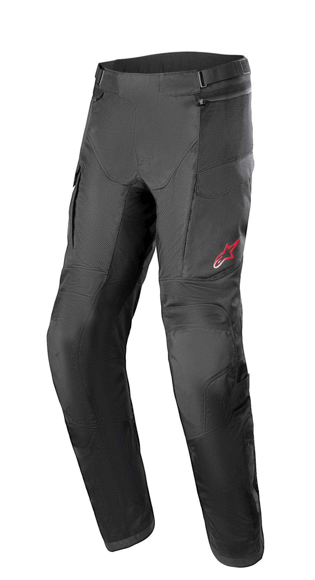 Pantalones Alpinestars Andes Air Drystar®, pantalones de moto para turismo de aventura, negros, con amplios paneles de malla para ventilación, logotipo de estrella roja en el muslo izquierdo, correas de cintura ajustables y secciones de rodilla reforzadas, diseñados para la comodidad en el turismo.