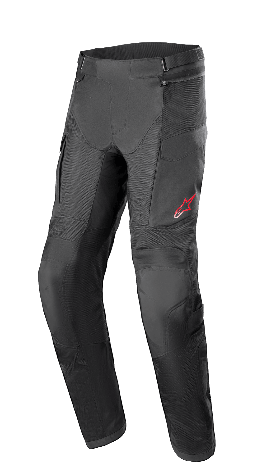 Pantalones Alpinestars Andes Air Drystar®, pantalones de moto para turismo de aventura, negros, con amplios paneles de malla para ventilación, logotipo de estrella roja en el muslo izquierdo, correas de cintura ajustables y secciones de rodilla reforzadas, diseñados para la comodidad en el turismo.