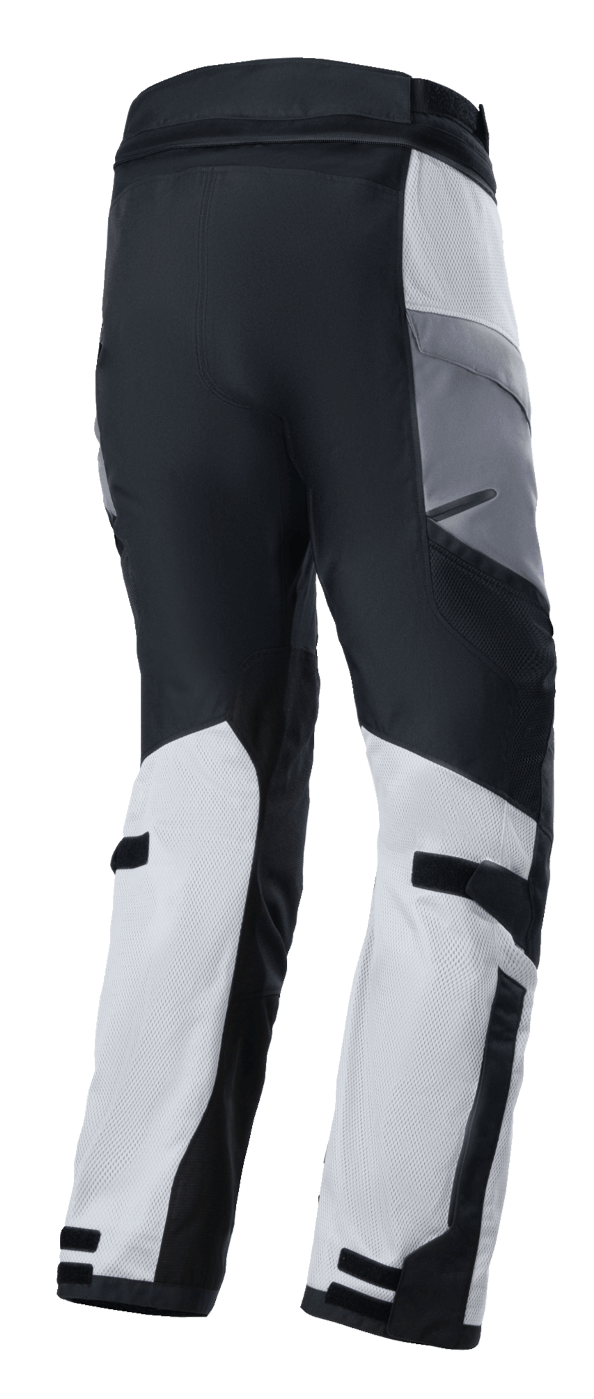Pantalones Alpinestars Andes Air Drystar®, pantalones de moto para turismo de aventura, gris hielo, gris oscuro y negro, vista trasera con paneles de malla transpirable para ventilación y correas ajustables en las pantorrillas, diseño textil técnico para conducción en dos estaciones