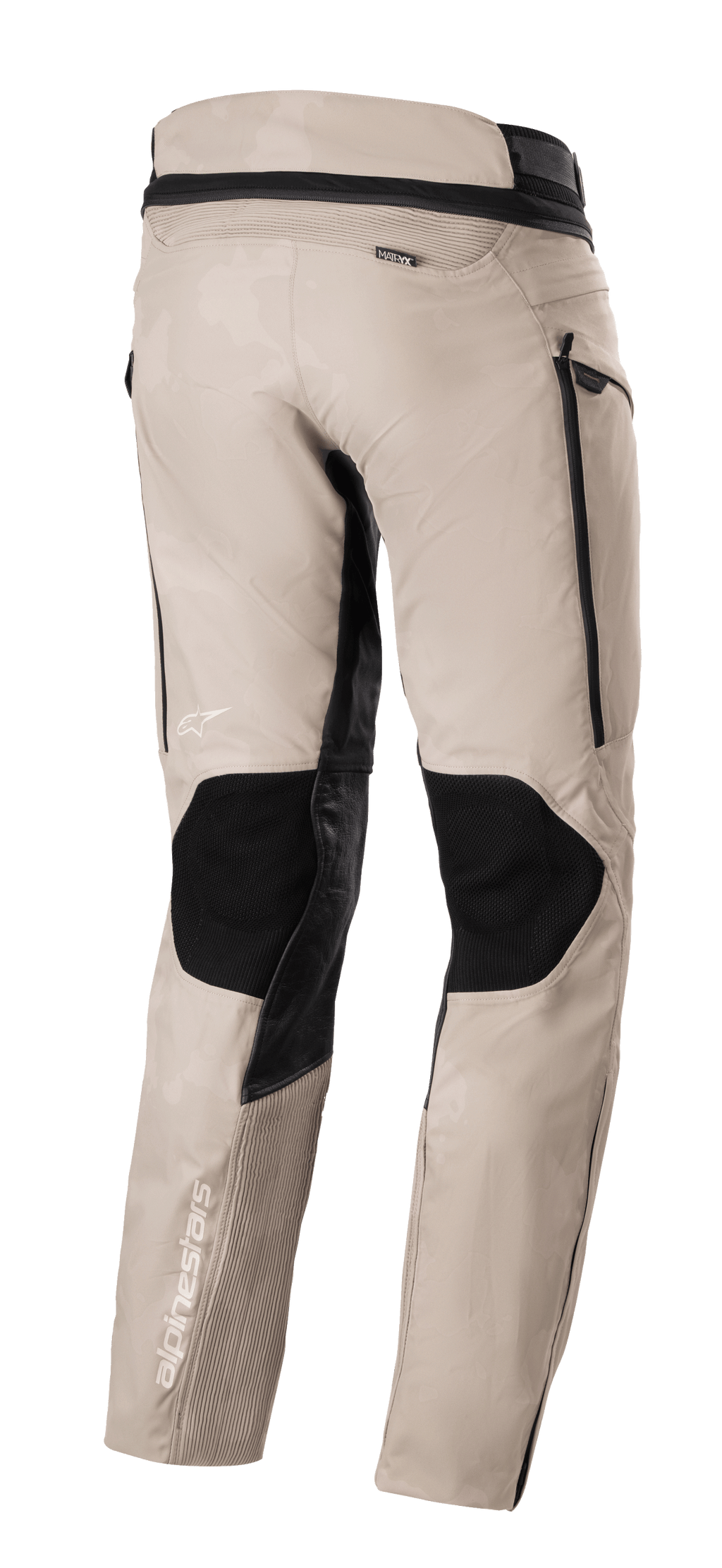 Alpinestars AMT-10LAB Drystar® XF Pants, Aluminum Camo Adventure Touring Pants, rear view featuring black protective panels, MATRYX® branding, and white Alpinestars logos on a multi-material chassis.