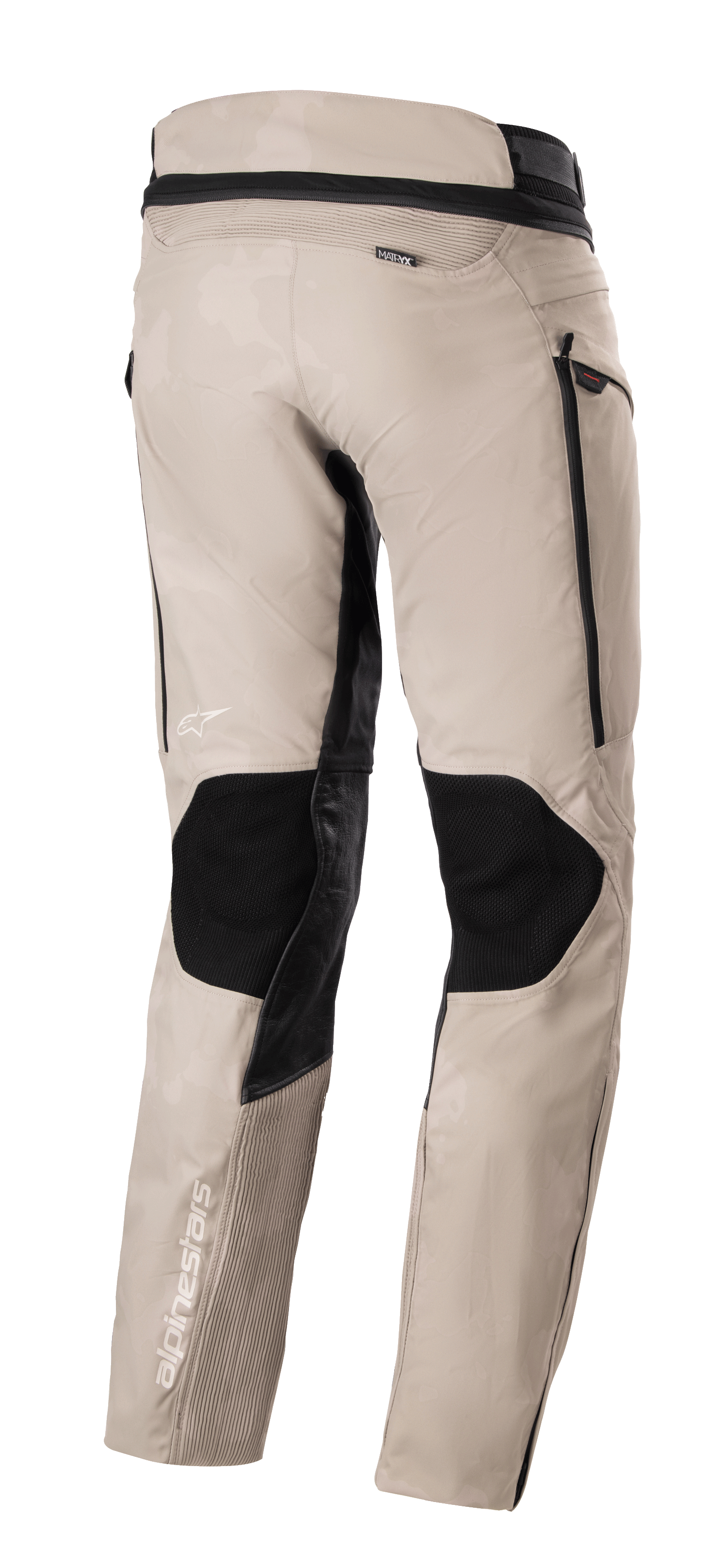 Alpinestars AMT-10LAB Drystar® XF Pants, Aluminum Camo Adventure Touring Pants, rear view featuring black protective panels, MATRYX® branding, and white Alpinestars logos on a multi-material chassis.