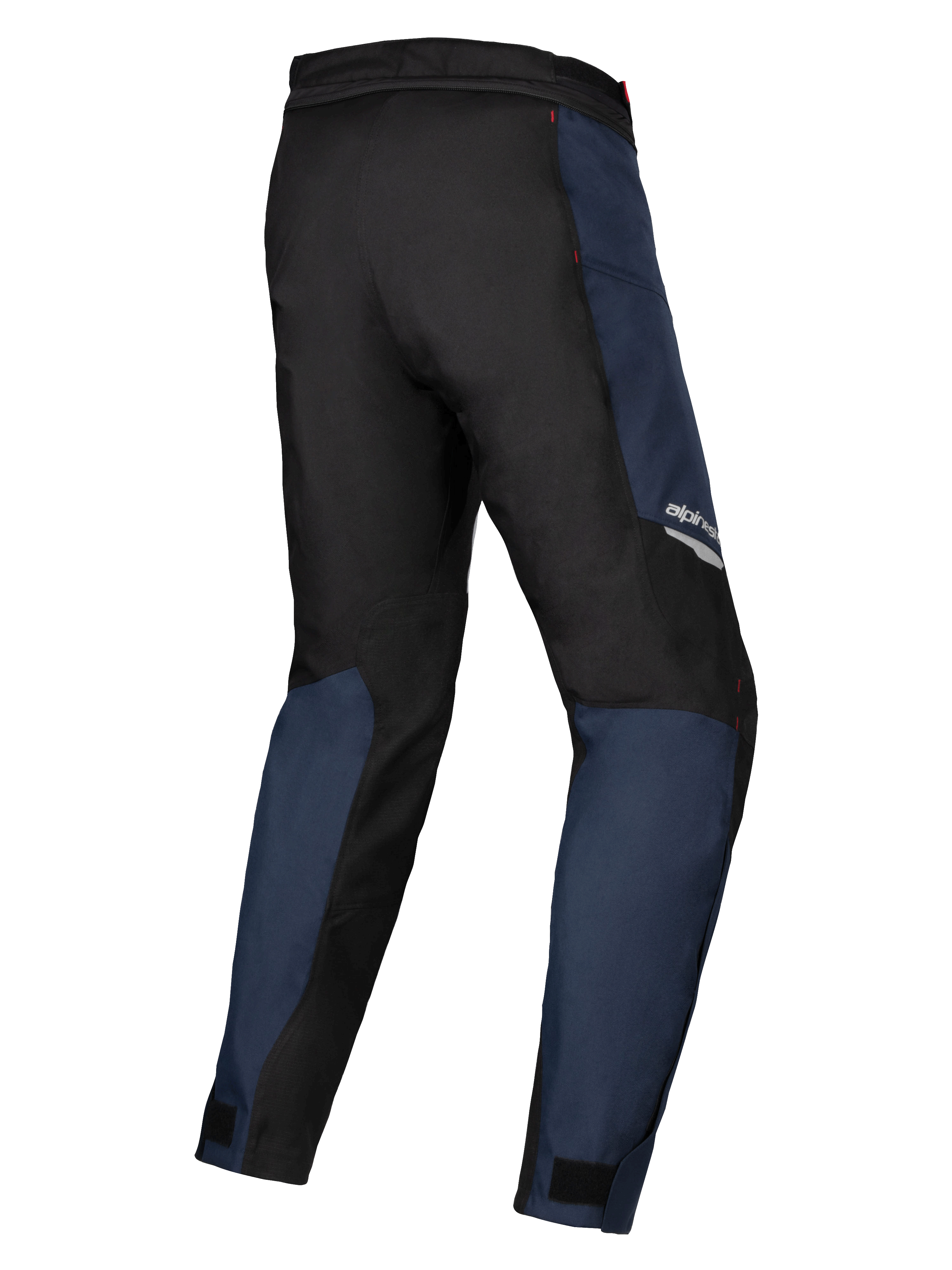 Pantalones Alpinestars Stella ST-1 Waterproof, textil azul oscuro y negro con detalles en rojo brillante, vista trasera de tres cuartos que destaca la construcción duradera y el ajuste ergonómico para turismo de aventura para mujer.