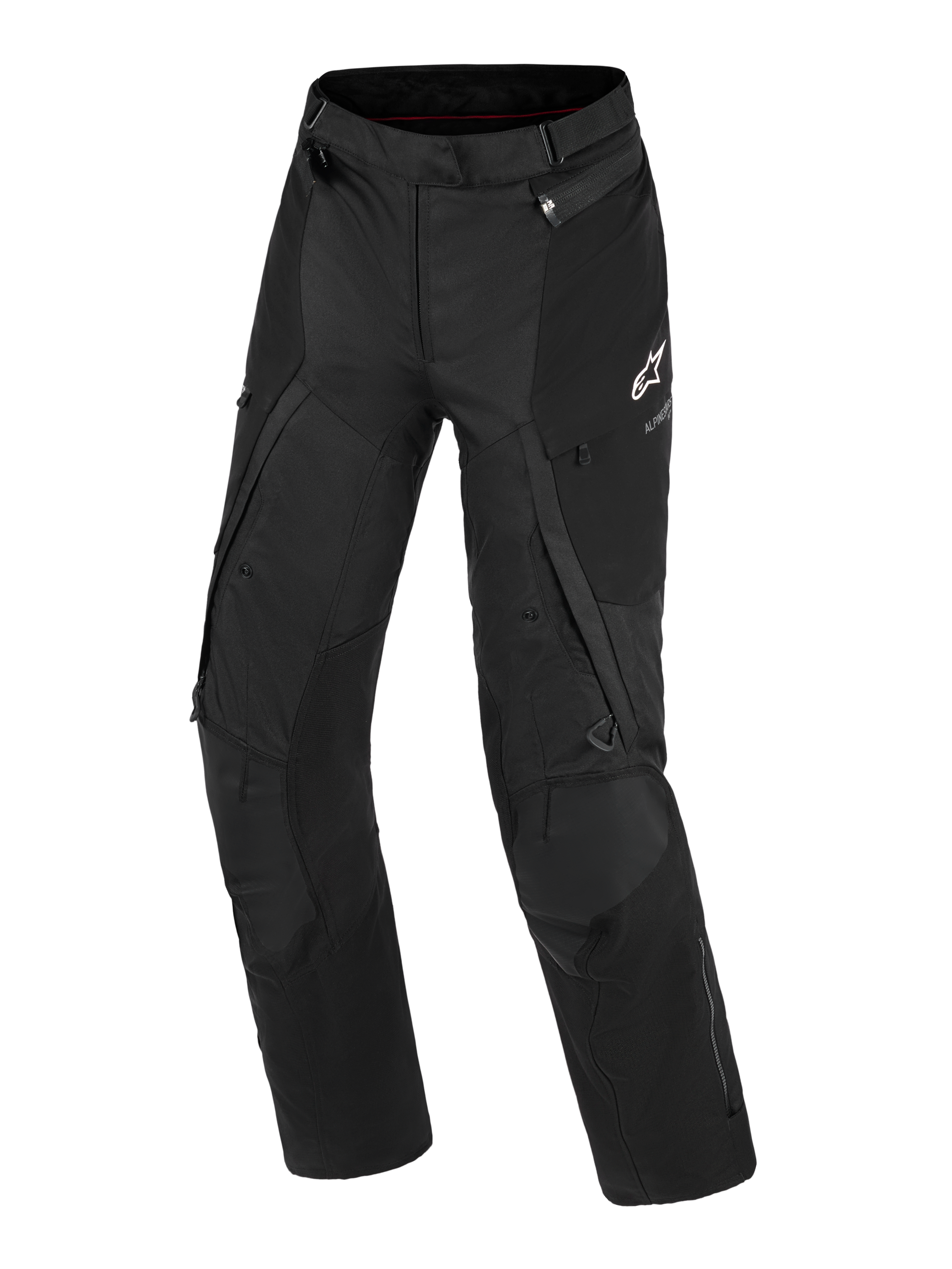 Alpinestars Stella Andes V4 Drystar® Pants, Women's Adventure Motorcycle Pants, Black, front view showing technical textile construction, white Alpinestars logo on the left thigh, cargo pockets, and ventilation zippers, durable all-weather riding gear