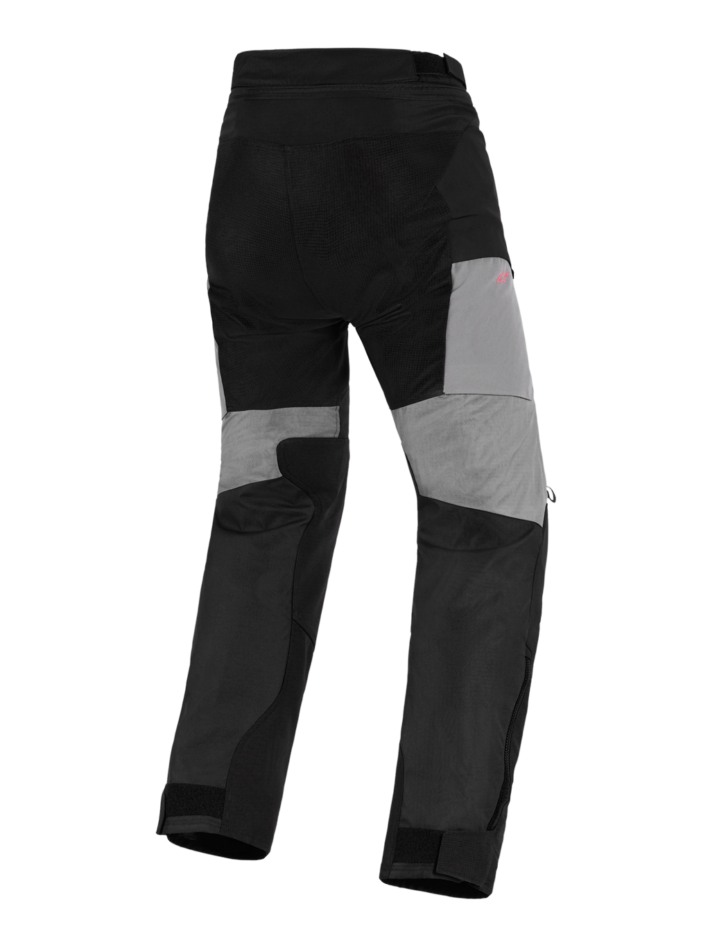 Pantalones Alpinestars Stella Andes V4 Drystar®, pantalones de moto de aventura para mujer, negro y gris oscuro, vista trasera con paneles grises en la parte posterior de las piernas, refuerzos duraderos de ripstop en el asiento y zonas elásticas para movilidad en un diseño textil impermeable