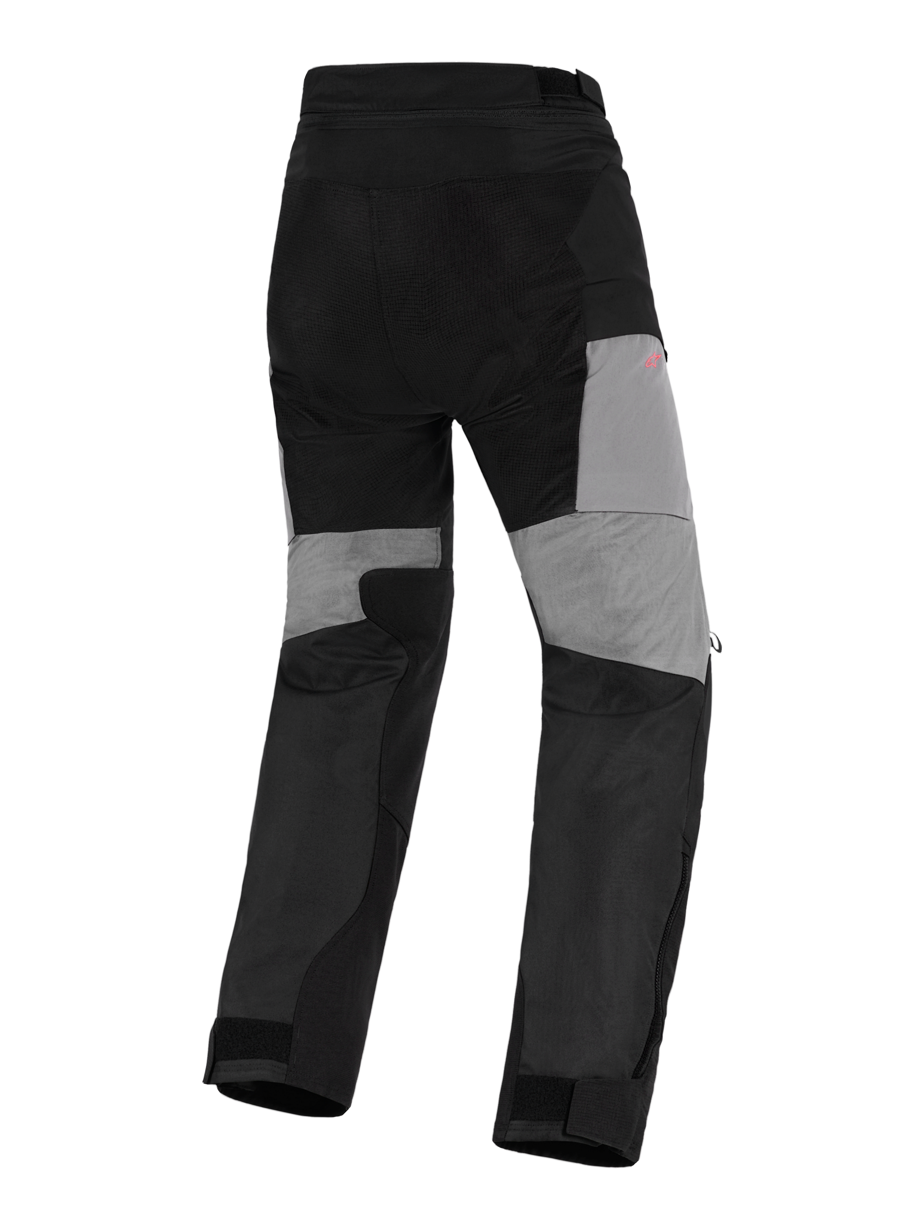Pantalones Alpinestars Stella Andes V4 Drystar®, pantalones de moto de aventura para mujer, negro y gris oscuro, vista trasera con paneles grises en la parte posterior de las piernas, refuerzos duraderos de ripstop en el asiento y zonas elásticas para movilidad en un diseño textil impermeable