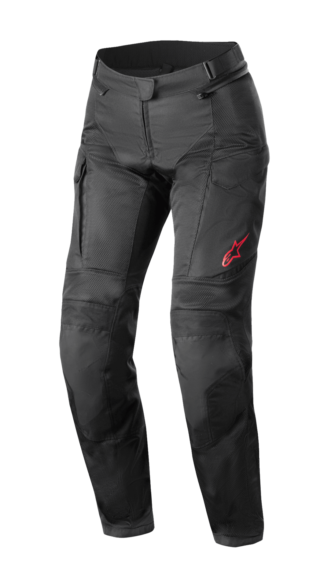 Alpinestars Stella Andes Air Drystar® Pants, pantalones de moto de turismo para mujer, negros, con grandes paneles de malla para ventilación, bolsillos de carga y logotipo rojo de Alpinestars en el muslo izquierdo, diseño textil técnico para conducción en varias estaciones