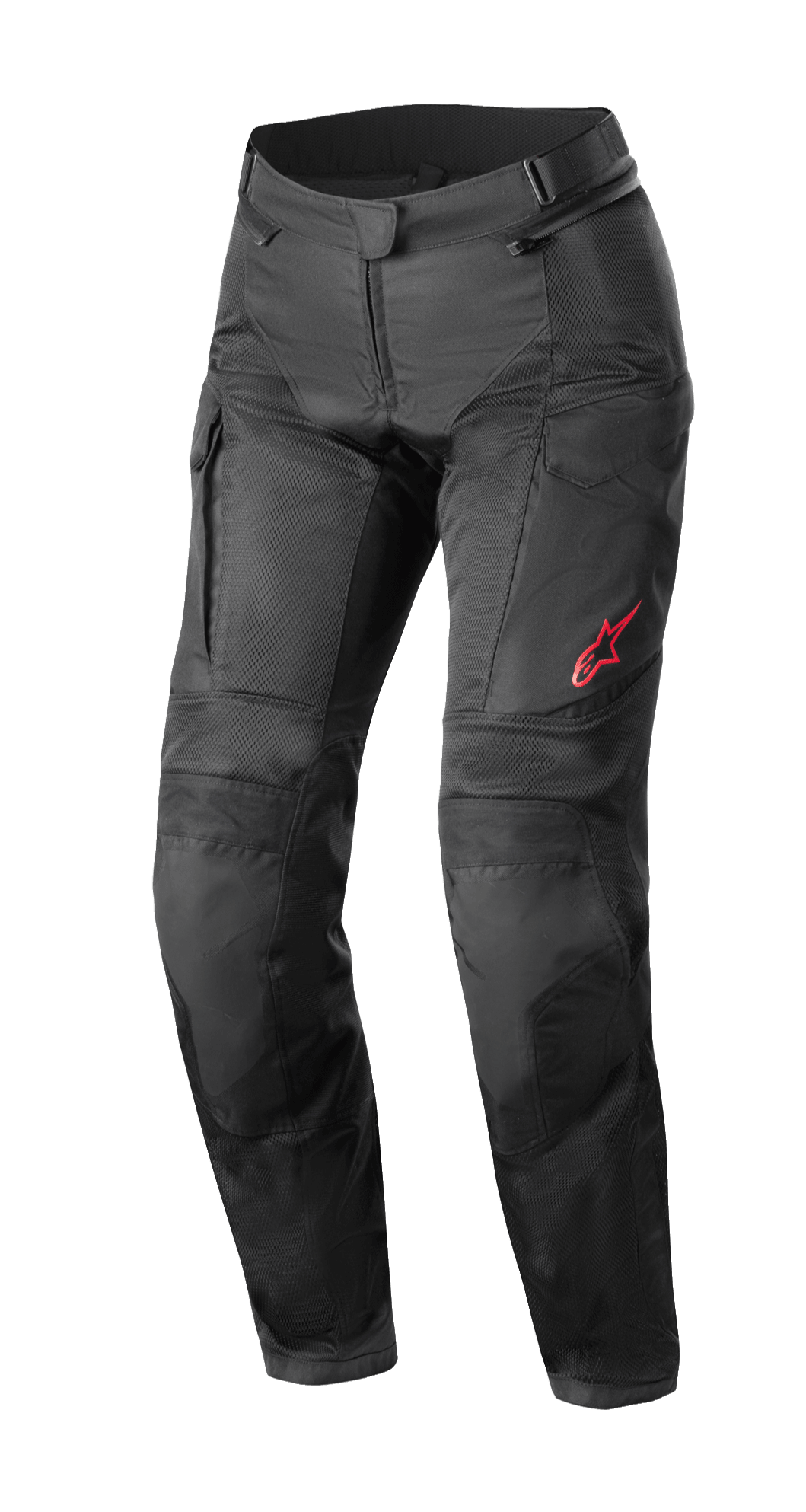 Alpinestars Stella Andes Air Drystar® Pants, pantalones de moto de turismo para mujer, negros, con grandes paneles de malla para ventilación, bolsillos de carga y logotipo rojo de Alpinestars en el muslo izquierdo, diseño textil técnico para conducción en varias estaciones