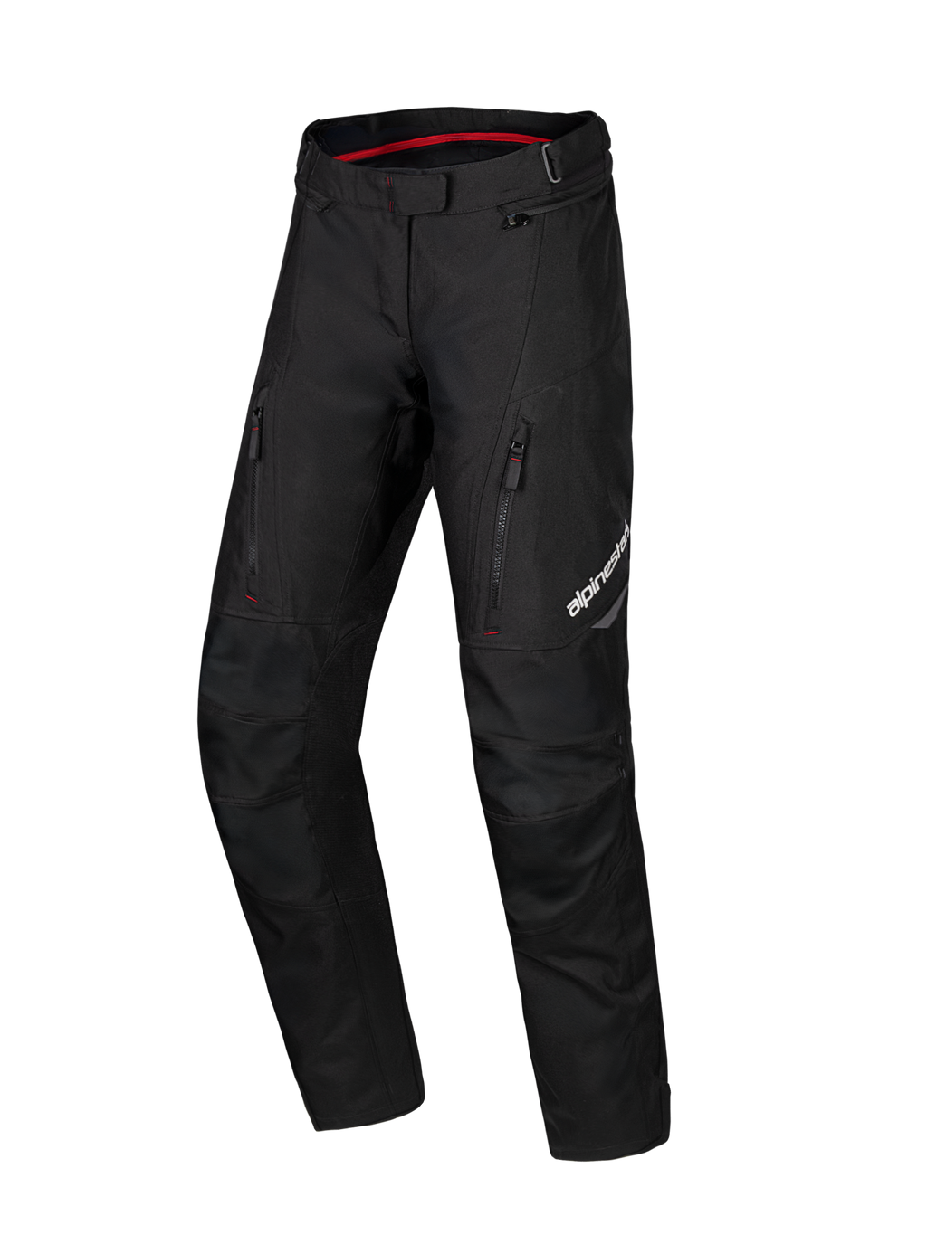 Alpinestars Honda Stella ST-1 Waterproof Pants, pantalones de motociclismo touring para mujer, negros con forro interior de la cintura en rojo, dos bolsillos verticales con cremallera en los muslos, logotipo de Alpinestars en la pierna, equipamiento de aventura de tejido duradero