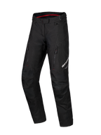 Alpinestars Honda Stella ST-1 Waterproof Pants, pantalones de motociclismo touring para mujer, negros con forro interior de la cintura en rojo, dos bolsillos verticales con cremallera en los muslos, logotipo de Alpinestars en la pierna, equipamiento de aventura de tejido duradero