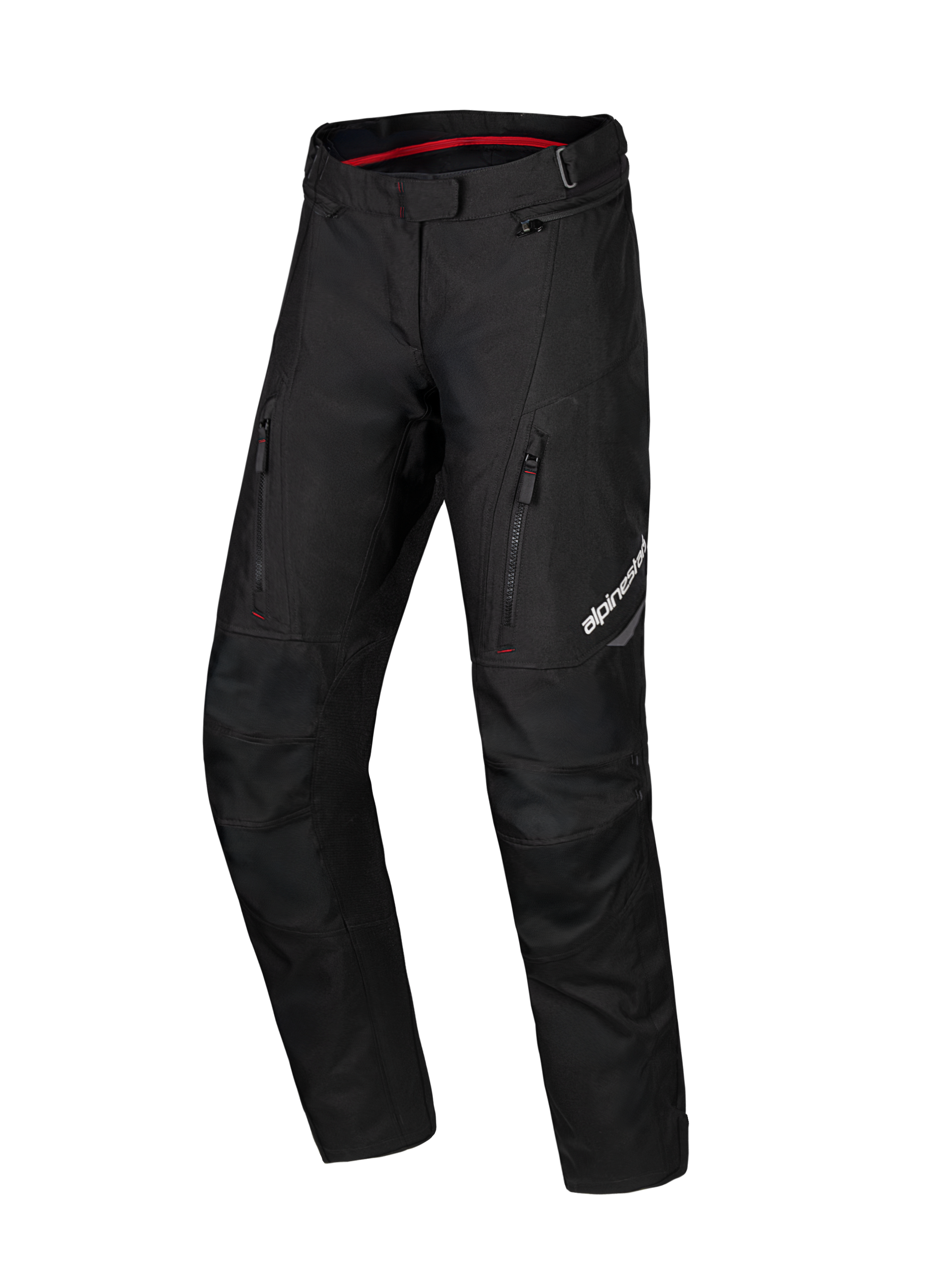 Alpinestars Honda Stella ST-1 Waterproof Pants, pantalones de motociclismo touring para mujer, negros con forro interior de la cintura en rojo, dos bolsillos verticales con cremallera en los muslos, logotipo de Alpinestars en la pierna, equipamiento de aventura de tejido duradero