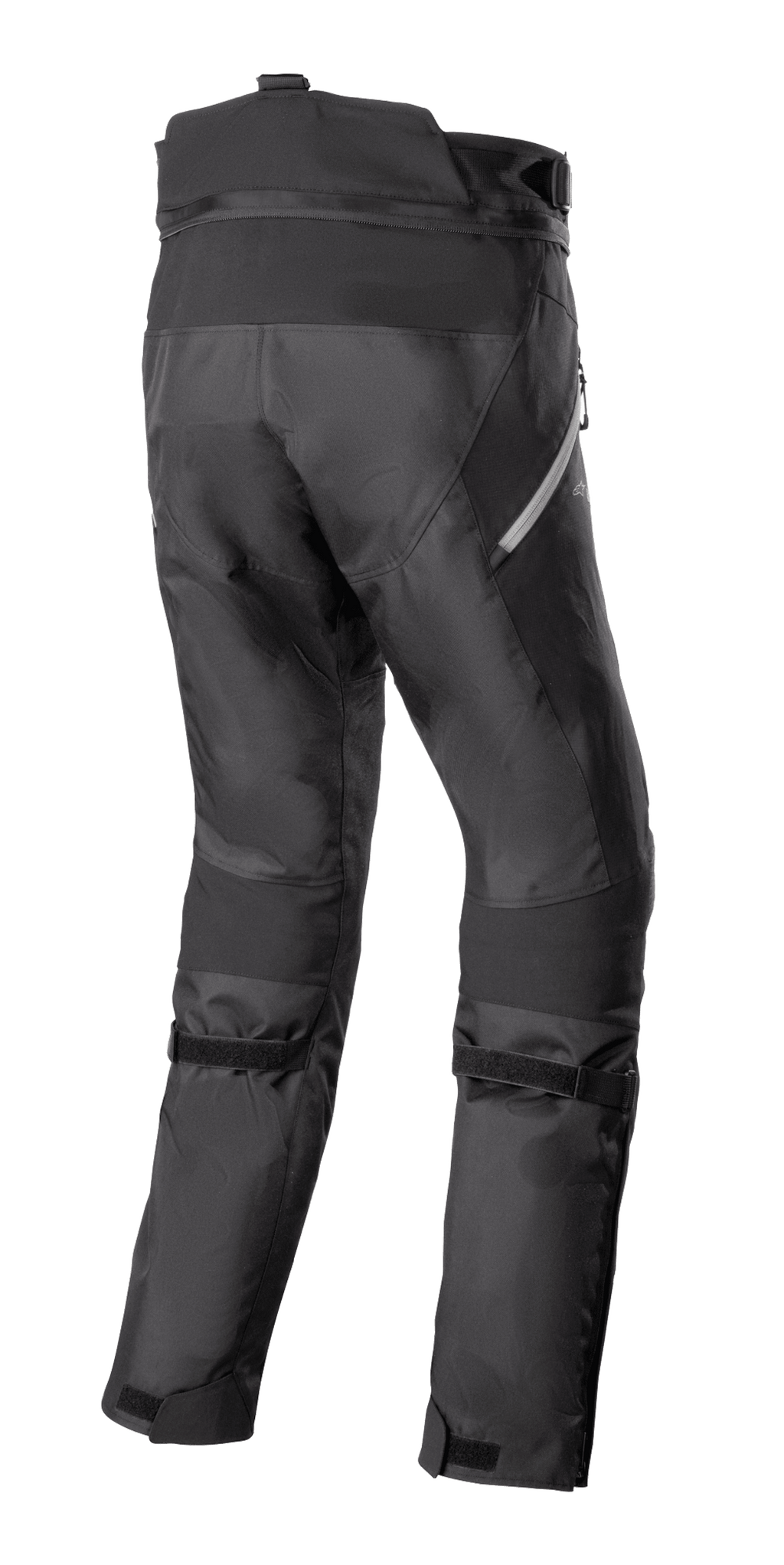Pantalones Alpinestars Stella Bogotá Pro Drystar 4 Seasons, pantalones de aventura para moto de mujer, negros, vista trasera que muestra la construcción técnica textil, correas ajustables en la pantorrilla y detalles reflectantes laterales.