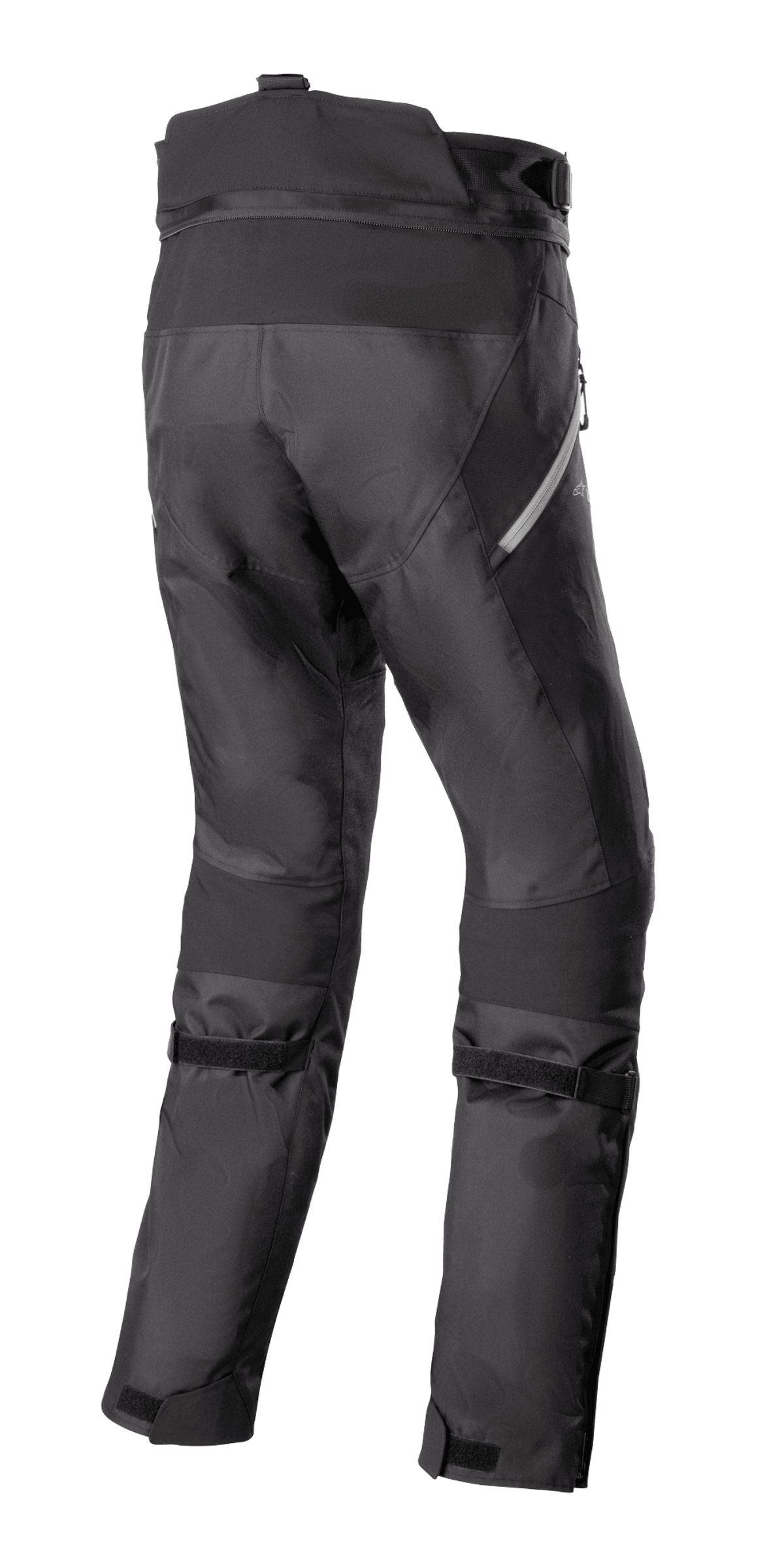 Pantalones Alpinestars Stella Bogotá Pro Drystar 4 Seasons, pantalones de aventura para moto de mujer, negros, vista trasera que muestra la construcción técnica textil, correas ajustables en la pantorrilla y detalles reflectantes laterales.