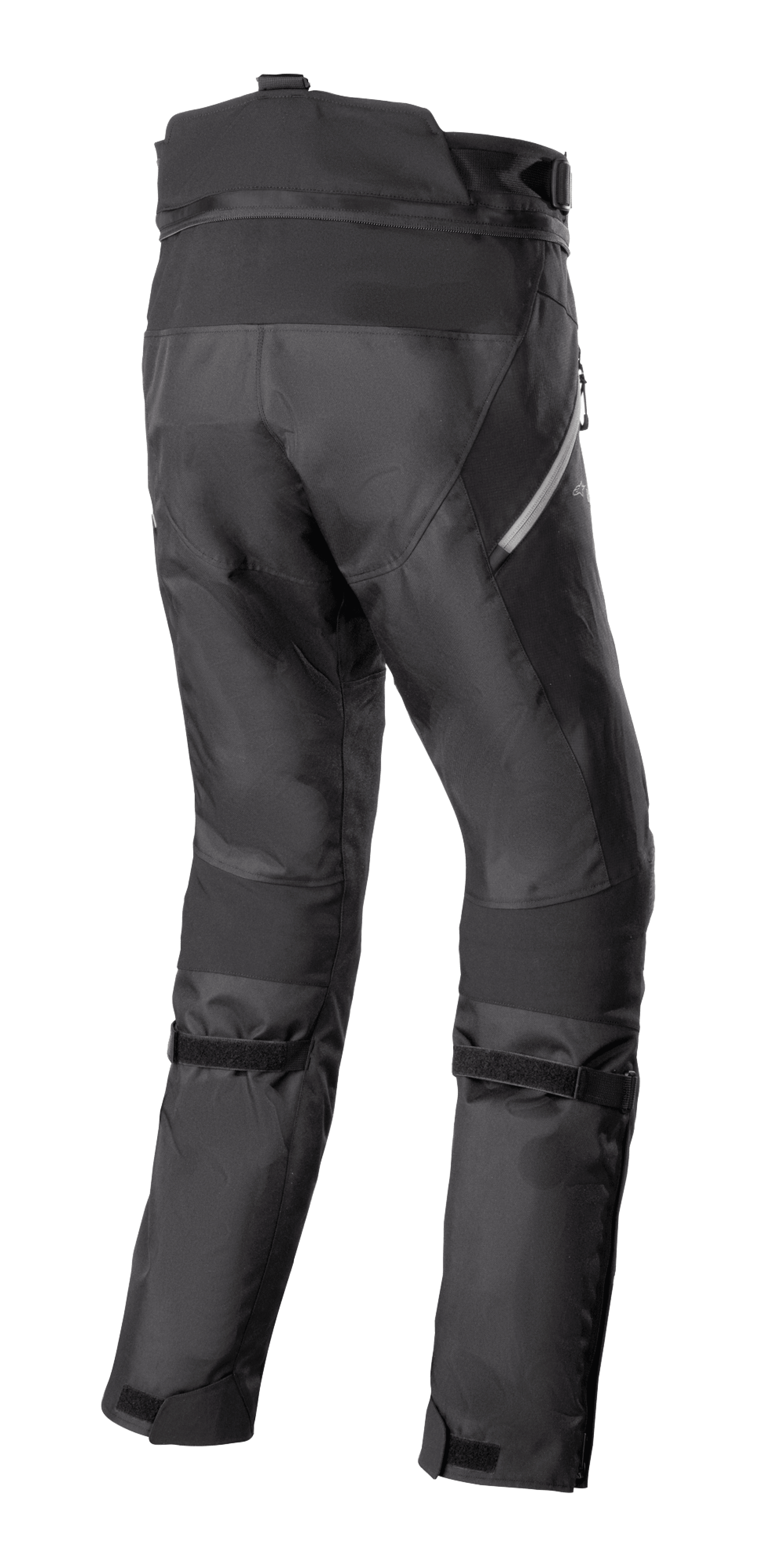 Pantalones Alpinestars Stella Bogotá Pro Drystar 4 Seasons, pantalones de aventura para moto de mujer, negros, vista trasera que muestra la construcción técnica textil, correas ajustables en la pantorrilla y detalles reflectantes laterales.