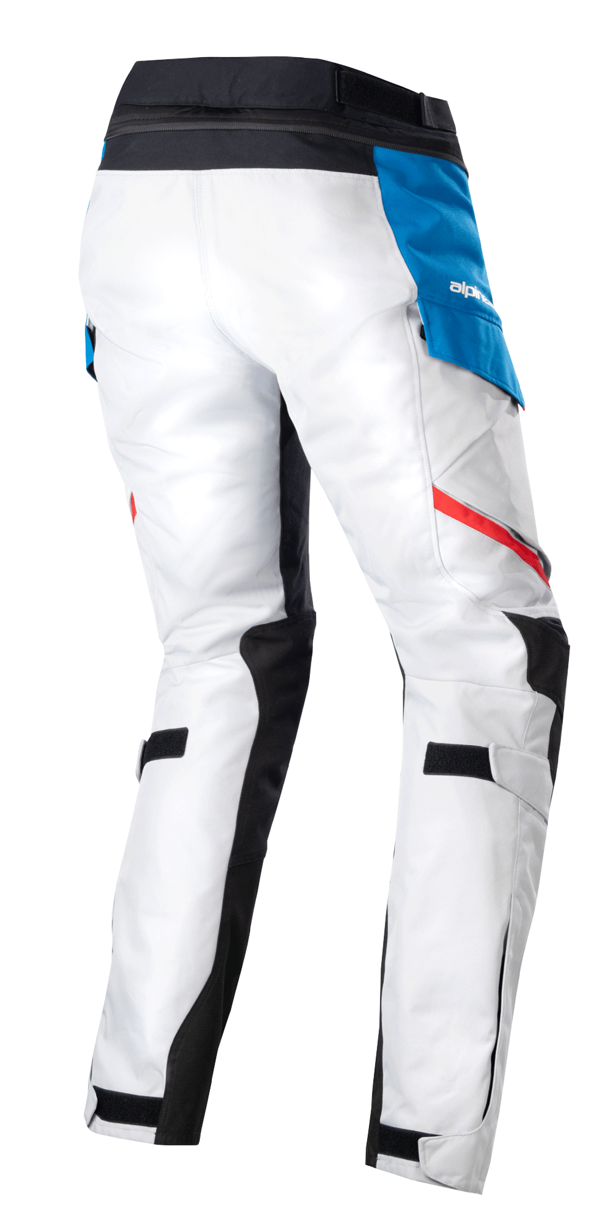 Alpinestars Stella Honda Andes V3 Drystar® Pants para mujer, pantalones de moto adventure touring, gris hielo, azul y rojo brillante, vista trasera que muestra la construcción textil gris hielo, bolsillo lateral azul con logotipo blanco, cintura negra y franjas decorativas rojas