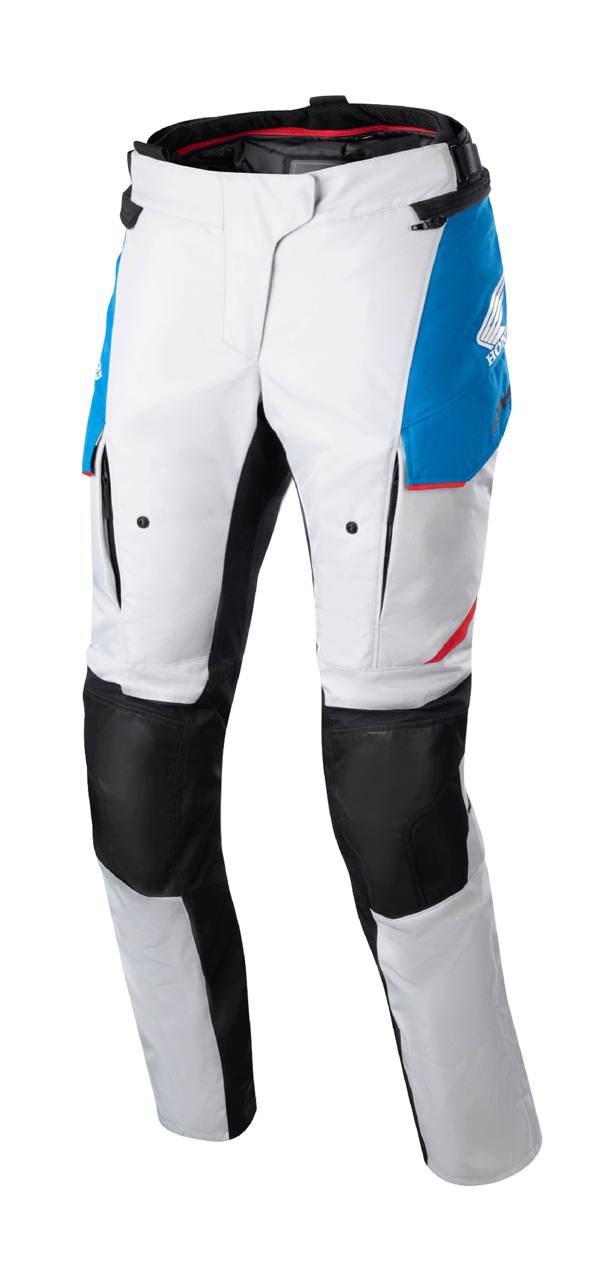 Alpinestars Stella Honda Andes V3 Drystar, pantalones de moto para mujer, color gris hielo con detalles en azul y rojo brillante, paneles de rodilla negros reforzados, con bolsillos cargo y marca Honda, diseño impermeable para conducción de aventura