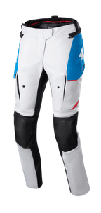 Alpinestars Stella Honda Andes V3 Drystar, pantalones de moto para mujer, color gris hielo con detalles en azul y rojo brillante, paneles de rodilla negros reforzados, con bolsillos cargo y marca Honda, diseño impermeable para conducción de aventura