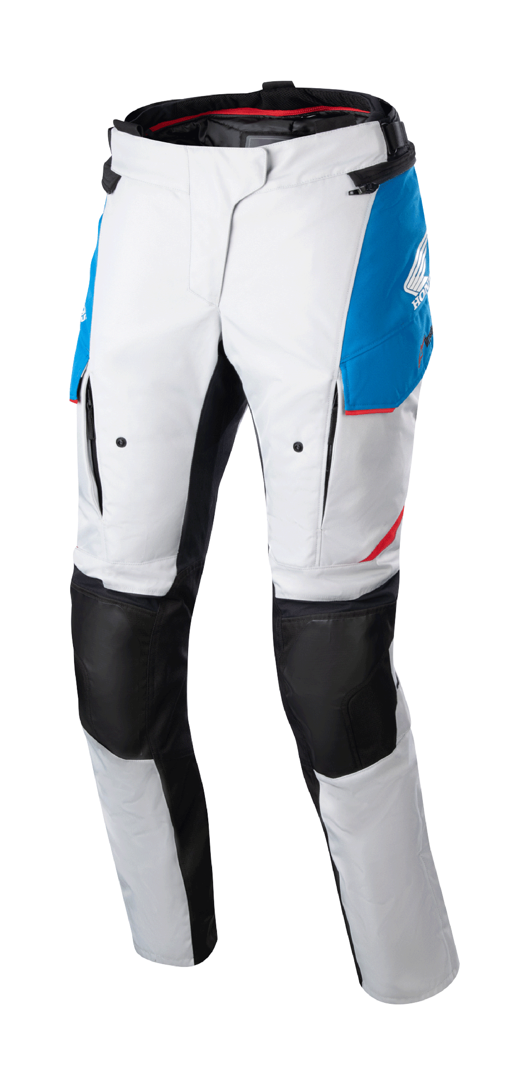 Alpinestars Stella Honda Andes V3 Drystar, pantalones de moto para mujer, color gris hielo con detalles en azul y rojo brillante, paneles de rodilla negros reforzados, con bolsillos cargo y marca Honda, diseño impermeable para conducción de aventura