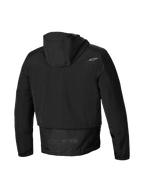 Alpinestars Parka Impermeable Mootant, chaqueta de moto para hombre de color negro, vista trasera que muestra la capucha, cobertura trasera extendida y logotipo reflectante MO.ST.EQ.