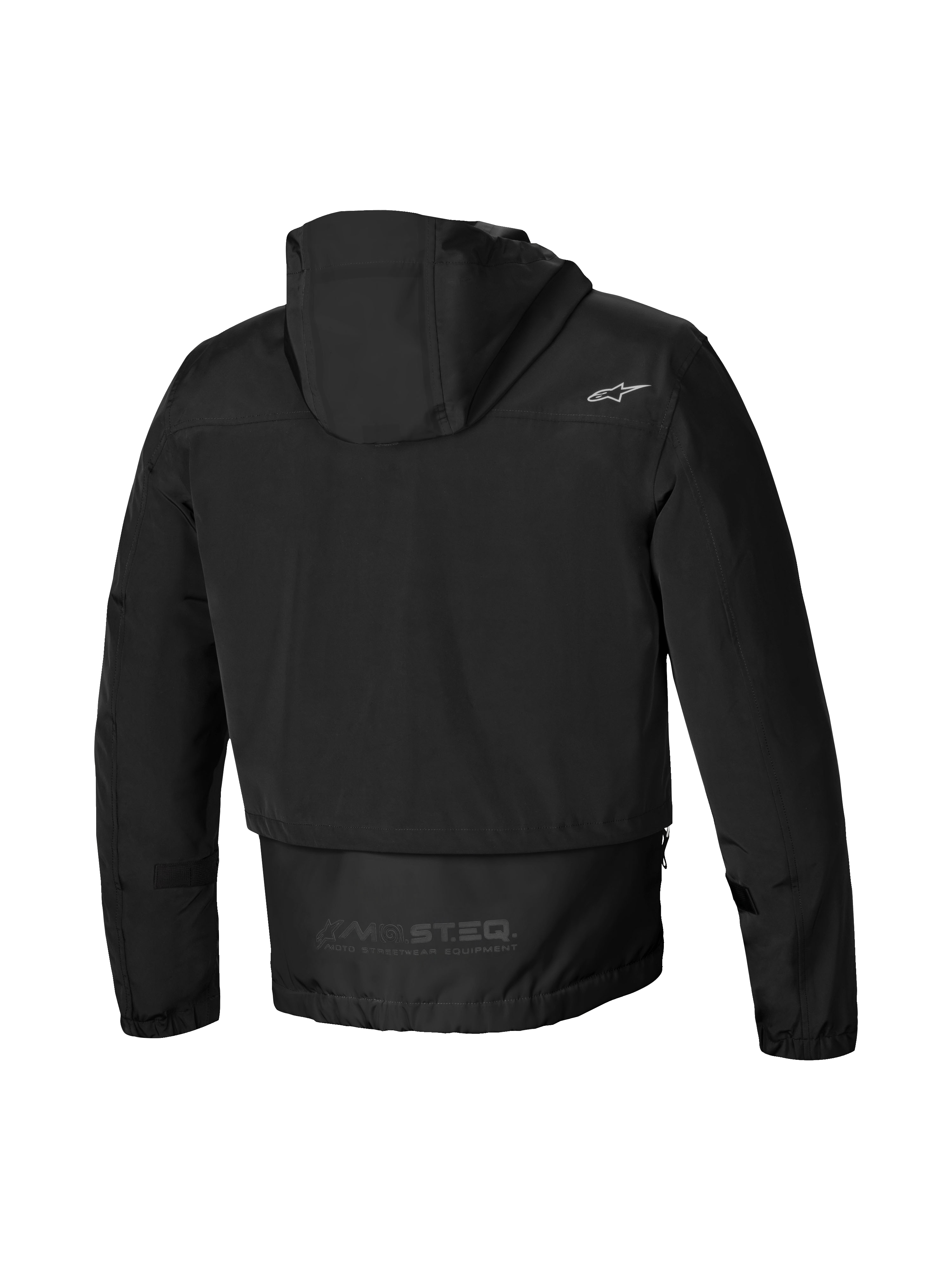 Alpinestars Parka Impermeable Mootant, chaqueta de moto para hombre de color negro, vista trasera que muestra la capucha, cobertura trasera extendida y logotipo reflectante MO.ST.EQ.