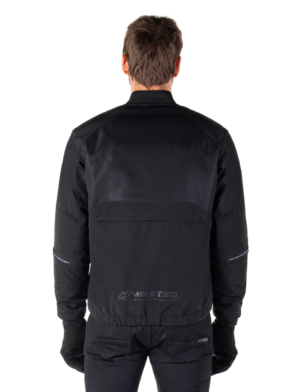 Alpinestars Mootant Waterproof Parka, Black Motorcycle Jacket, Rear view showing mesh upper for airflow and MO.ST.EQ. reflective logo on the lower back, modular 4-season gear