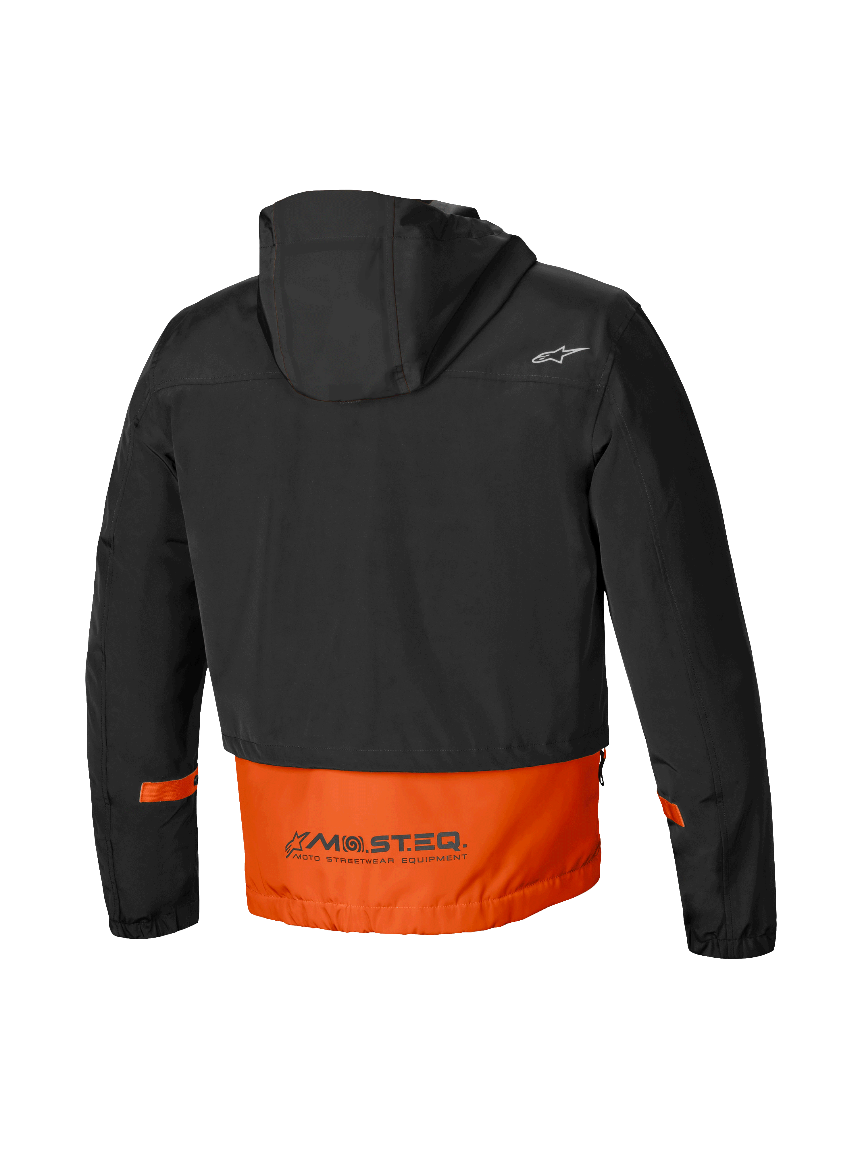 Alpinestars Mootant Waterproof Parka, chaqueta de moto urbana para hombre, vista trasera que muestra la capucha incorporada y el logotipo reflectante MO.ST.EQ. en combinación de colores negro y naranja