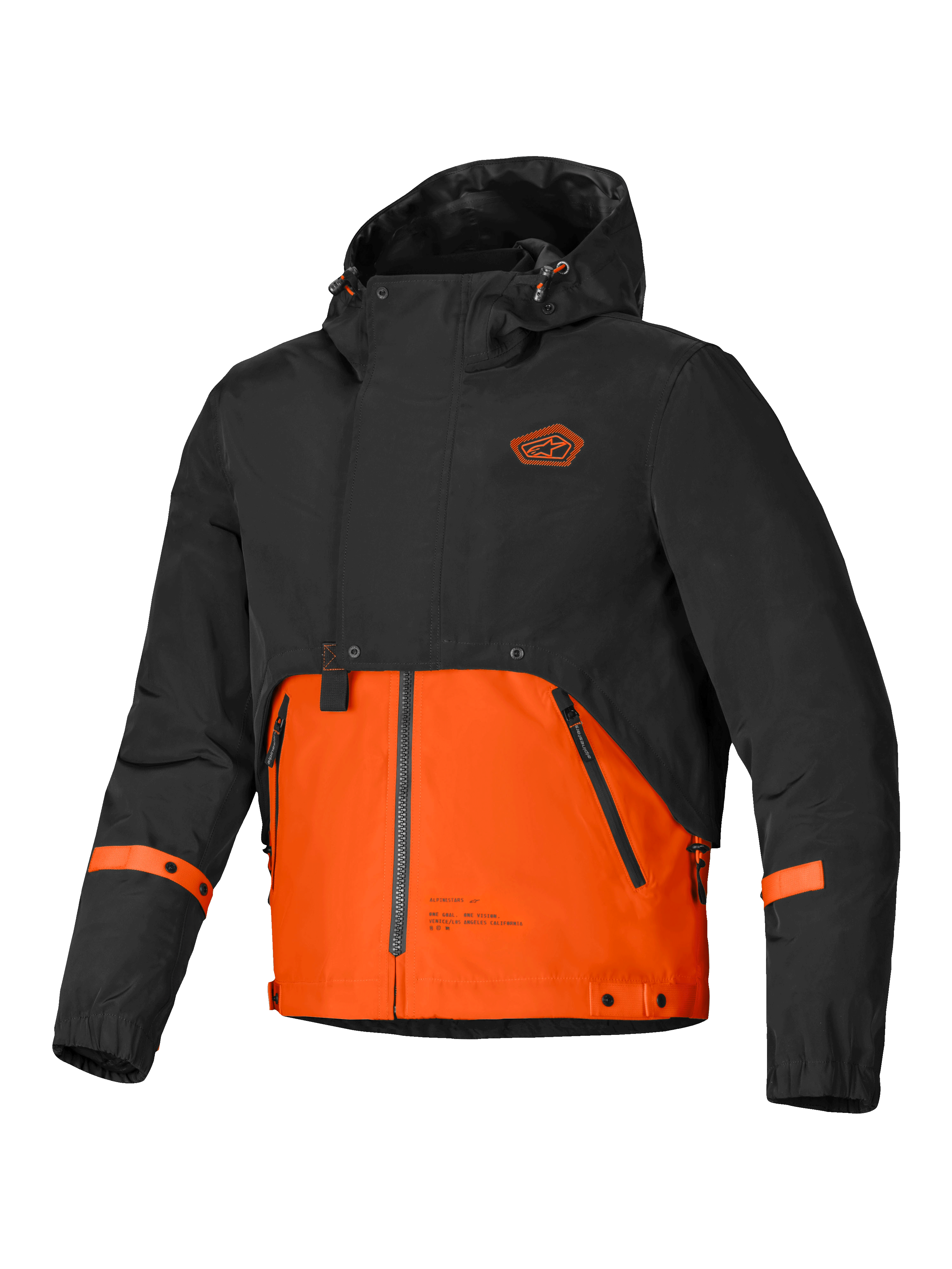 Alpinestars Parka Impermeable Mootant, chaqueta de moto urbana contemporánea para hombre con capucha, negra y naranja picante, diseño modular de 4 estaciones con protección con certificación CE