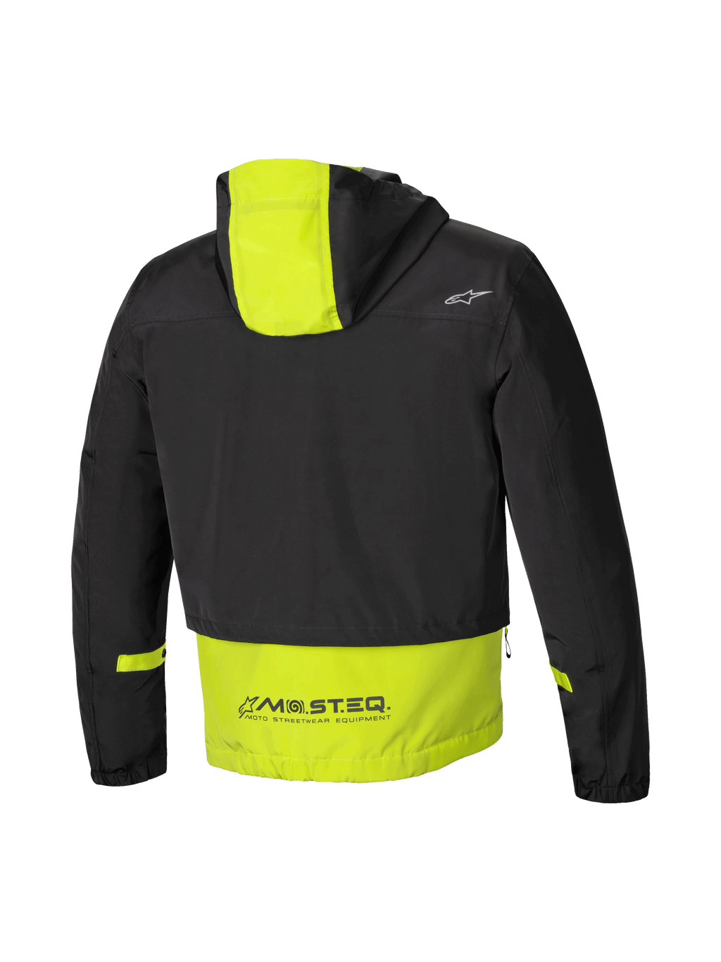 Alpinestars Mootant Waterproof Parka, modular motorcycle jacket, rear view showing hood and MO.ST.EQ. branding, Black and Lime Punch, CE certified