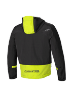 Alpinestars Mootant Waterproof Parka, modular motorcycle jacket, rear view showing hood and MO.ST.EQ. branding, Black and Lime Punch, CE certified