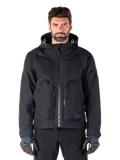 Alpinestars Morush Waterproof Parka, Black Motorcycle Jacket, Hooded Design with Front Zipper and Two Large Zippered Pockets, Worn with Black and Red Gloves, Urban Riding Gear