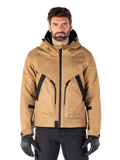 Alpinestars Morush Waterproof Parka, chaqueta de moto con capucha en marrón y negro, equipamiento para conducción urbana, vista frontal con cremallera negra y grandes bolsillos en ángulo