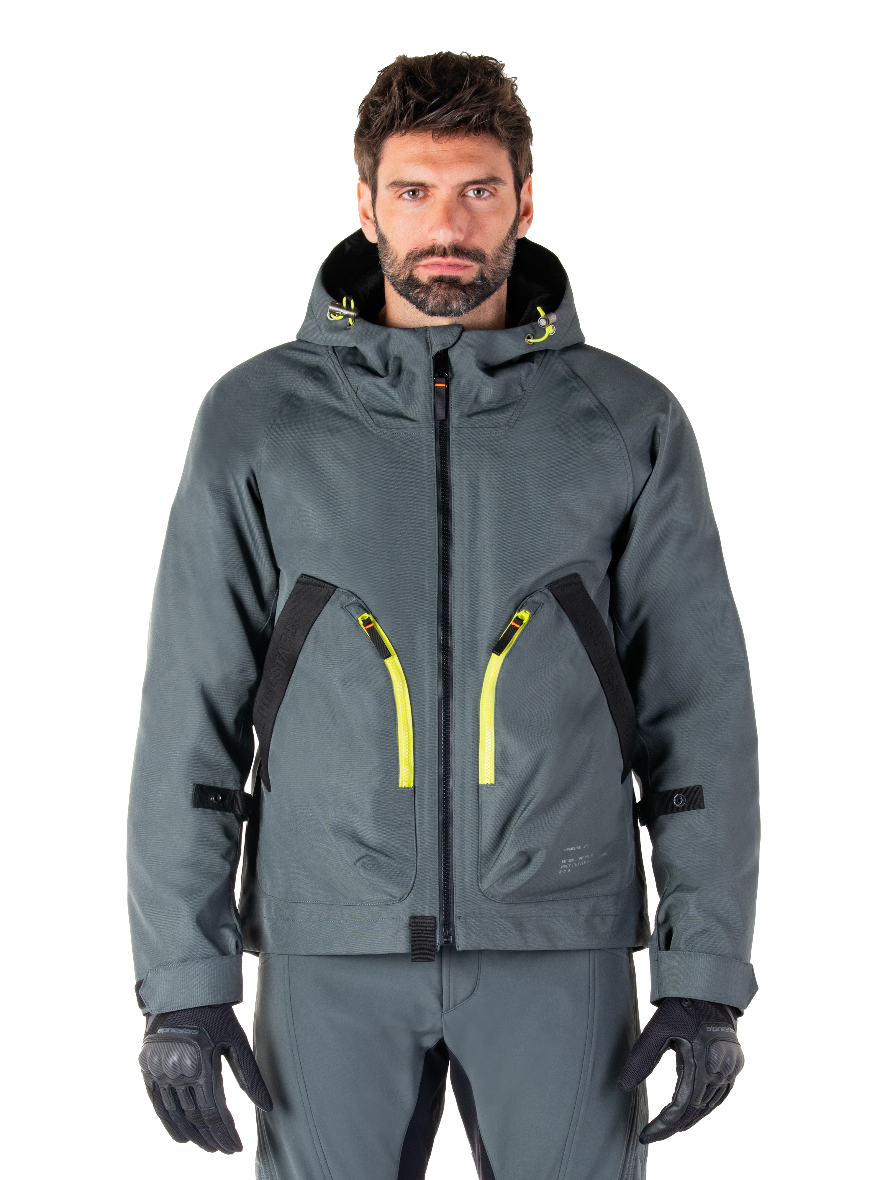 Alpinestars Morush Waterproof Parka, urban gray motorcycle jacket, vibrant yellow zippers and black accents, hooded design with large front pockets, technical streetwear-inspired styling