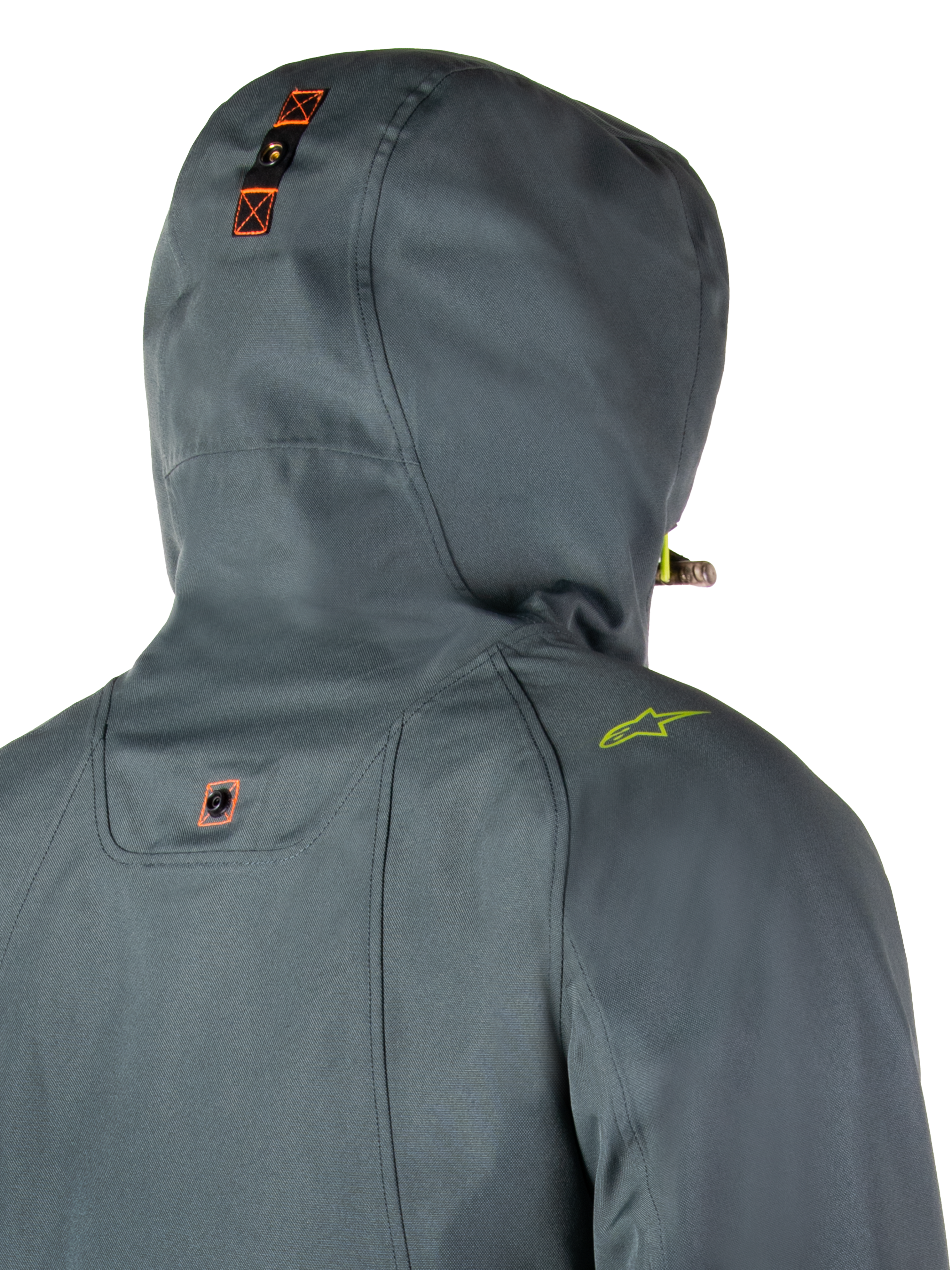 Parka impermeable Alpinestars Morush, Gris Urbano, vista trasera detallada de la capucha con sistema de anclaje de botones a presión y detalles en naranja, logotipo verde lima en el hombro, ropa urbana de moto impermeable