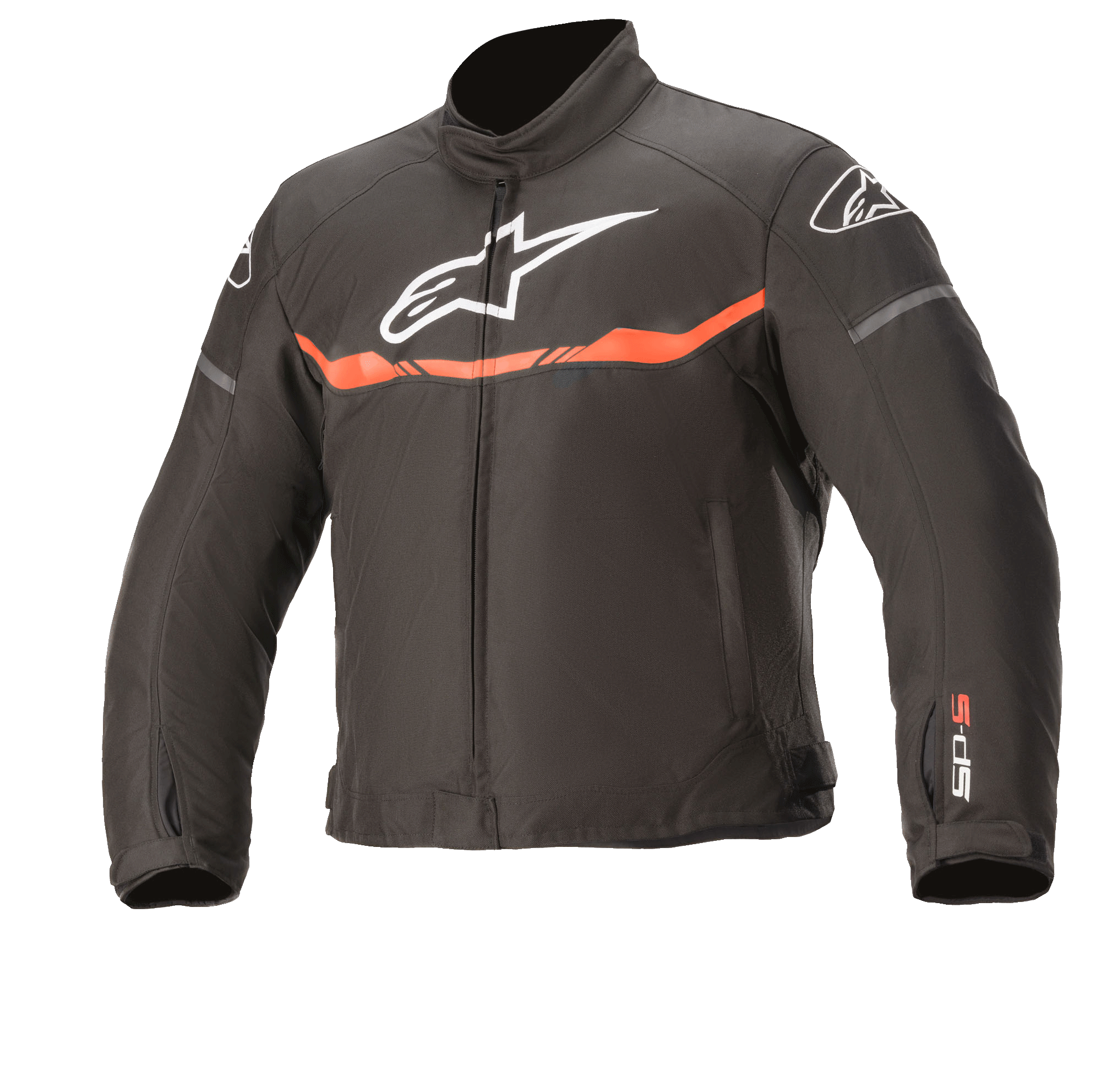 Alpinestars Youth T-Sp S Waterproof Jacket, Motorcycle Jacket, Black and Red Fluo, featuring a white chest logo, horizontal fluorescent red stripe, and SP-S sleeve branding, durable waterproof textile construction for young riders.