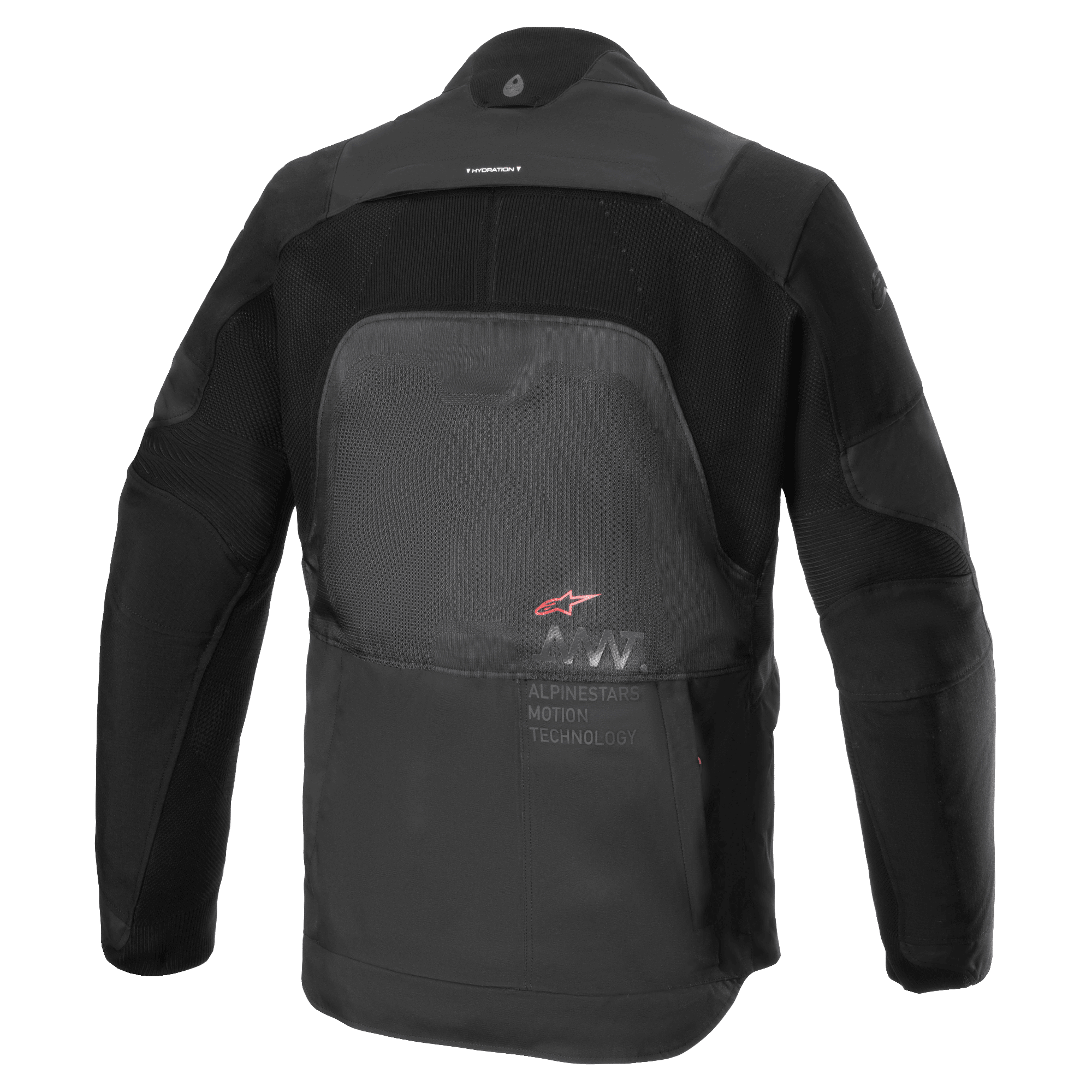 Chaqueta Alpinestars AMT-7 Air, chaqueta de moto, Black Dark Shadow, vista trasera que muestra los paneles de ventilación MATRYX en la espalda, CORDURA Ripstop en los hombros y brazos, y el logotipo de Alpinestars Motion Technology.