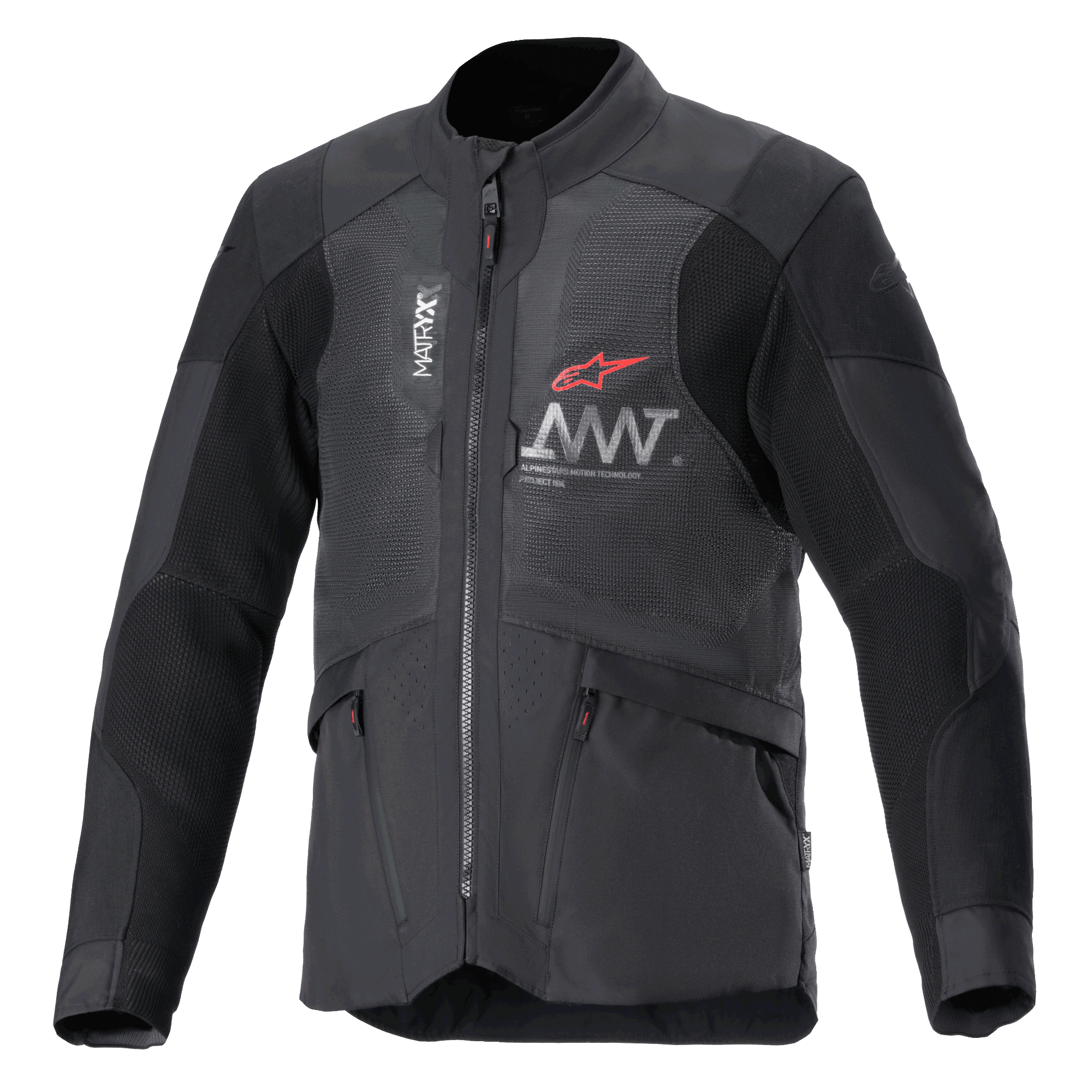 Alpinestars AMT-7 Air Jacket, chaqueta de moto, negro y Dark Shadow, paneles de ventilación de malla MATRYX en el pecho, logo de estrella roja con marca AMT plateada, bolsillos cargo delanteros con cremallera, diseño textil adventure y road touring