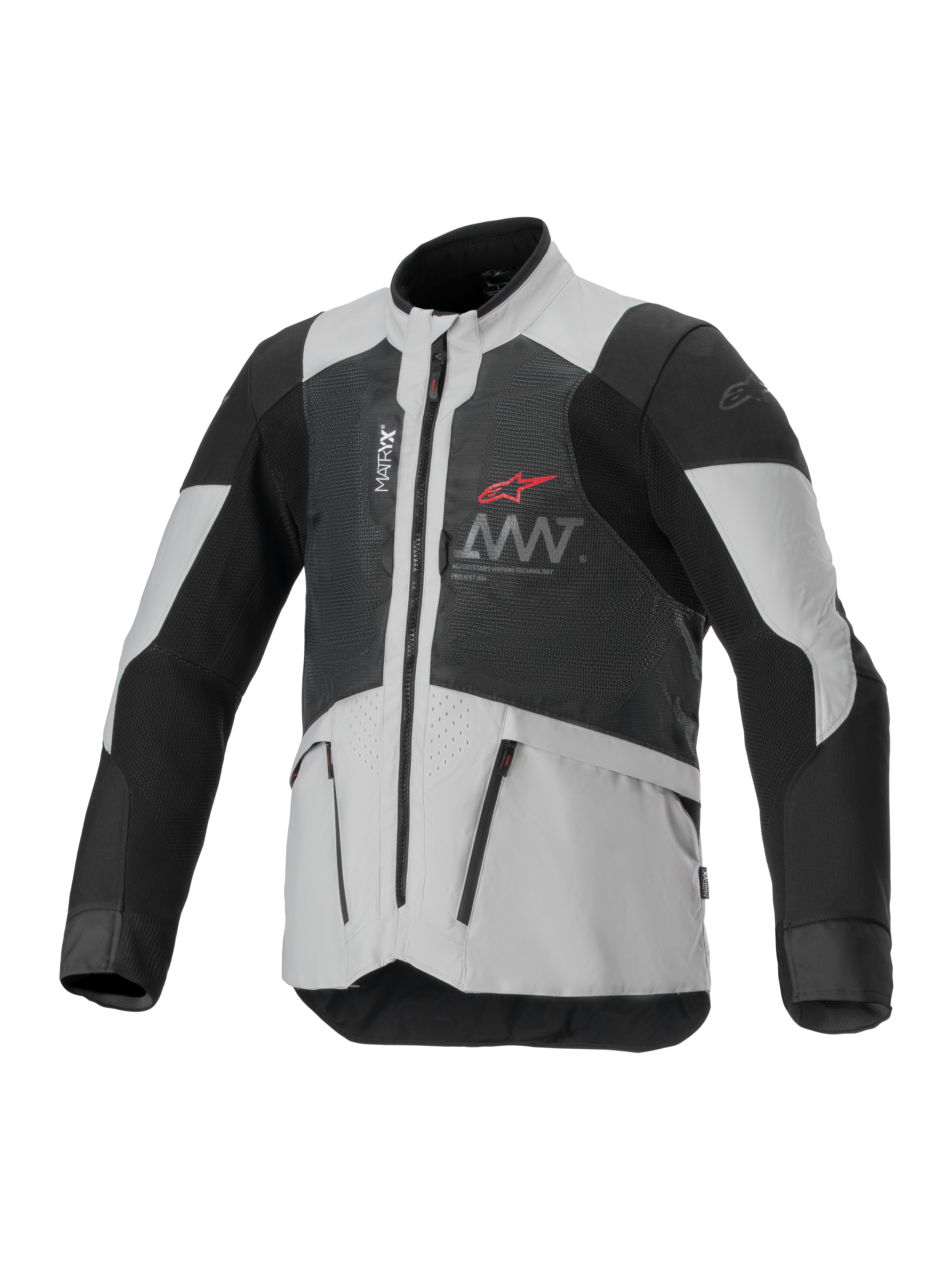 Alpinestars AMT-7 Air Jacket, chaqueta de moto ventilada, blanca y negra, con paneles de ventilación MATRYX, bolsillos con cremallera y cuello alto, diseño deportivo con el logotipo rojo de Alpinestars