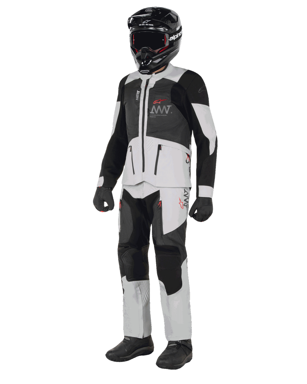 Alpinestars AMT-7 Air Jacket, White and Dark Shadow, adventure motorcycle jacket with MATRYX ventilation panels, worn with matching pants, black helmet, and gloves, full-body view of professional riding gear.