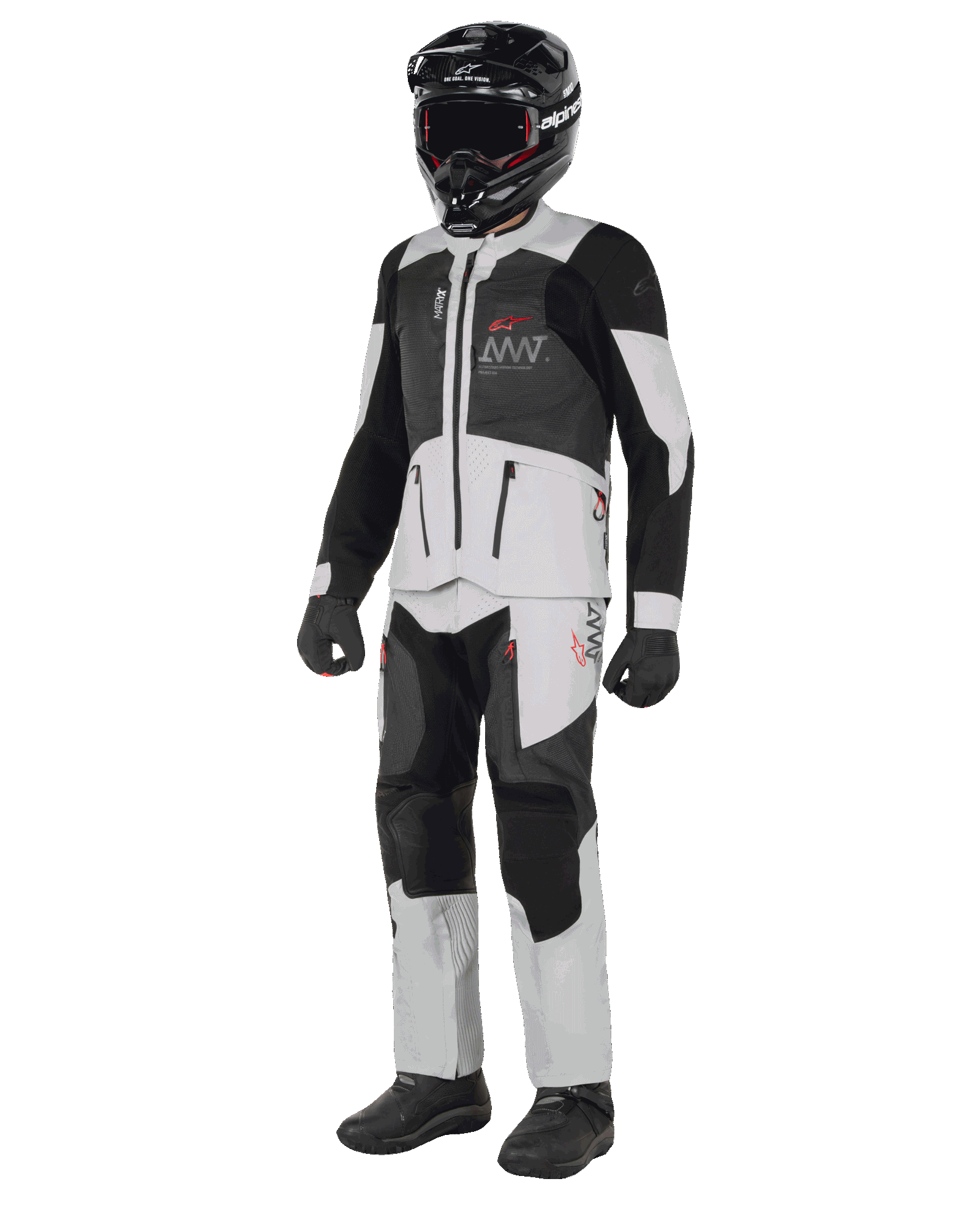 Alpinestars AMT-7 Air Jacket, White and Dark Shadow, adventure motorcycle jacket with MATRYX ventilation panels, worn with matching pants, black helmet, and gloves, full-body view of professional riding gear.