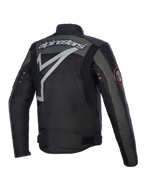 Alpinestars Axton Jacket, Motorcycle Jacket, Black Anthracite Red Tangerine, back view showing large grey wrap-around logo and wordmark, accordion shoulder panels, and vintage metal eyelets on sleeves, textile and leather construction.