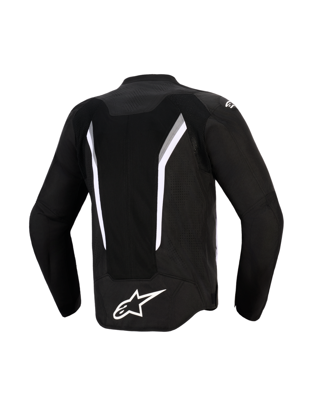 Chaqueta Alpinestars AST V3 Air, vista posterior, negro con detalles en blanco y gris oscuro, con un gran panel de ventilación de malla, logotipo blanco de Alpinestars en la parte inferior de la espalda y zonas perforadas con láser, chaqueta técnica de motociclismo de ajuste deportivo
